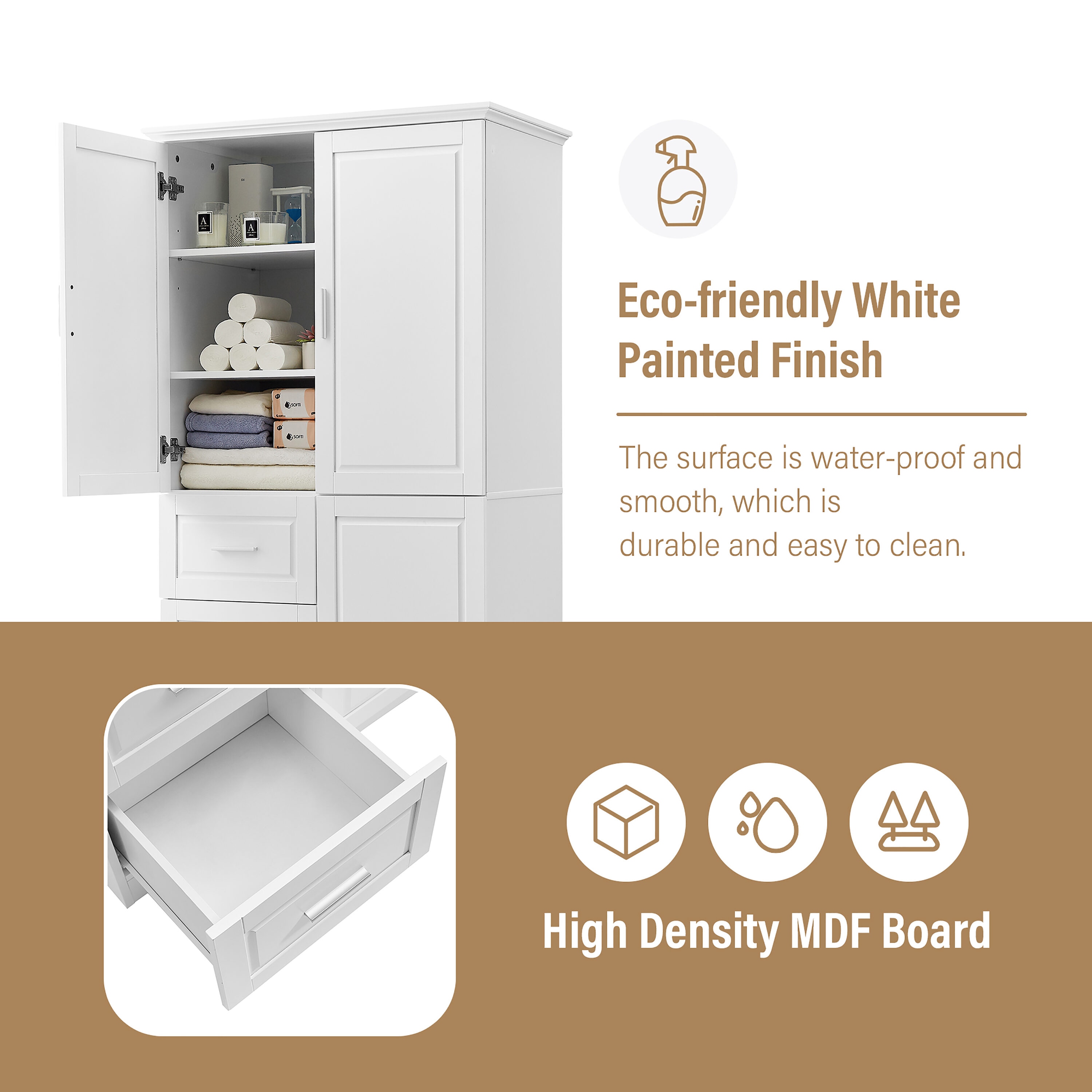 Gabinete de almacenamiento utilitario de montaje en pared de 19.6 pulgadas de ancho x 62.2 pulgadas de alto de compuesto de madera blanco ModernLuxe L-WF299285AAK