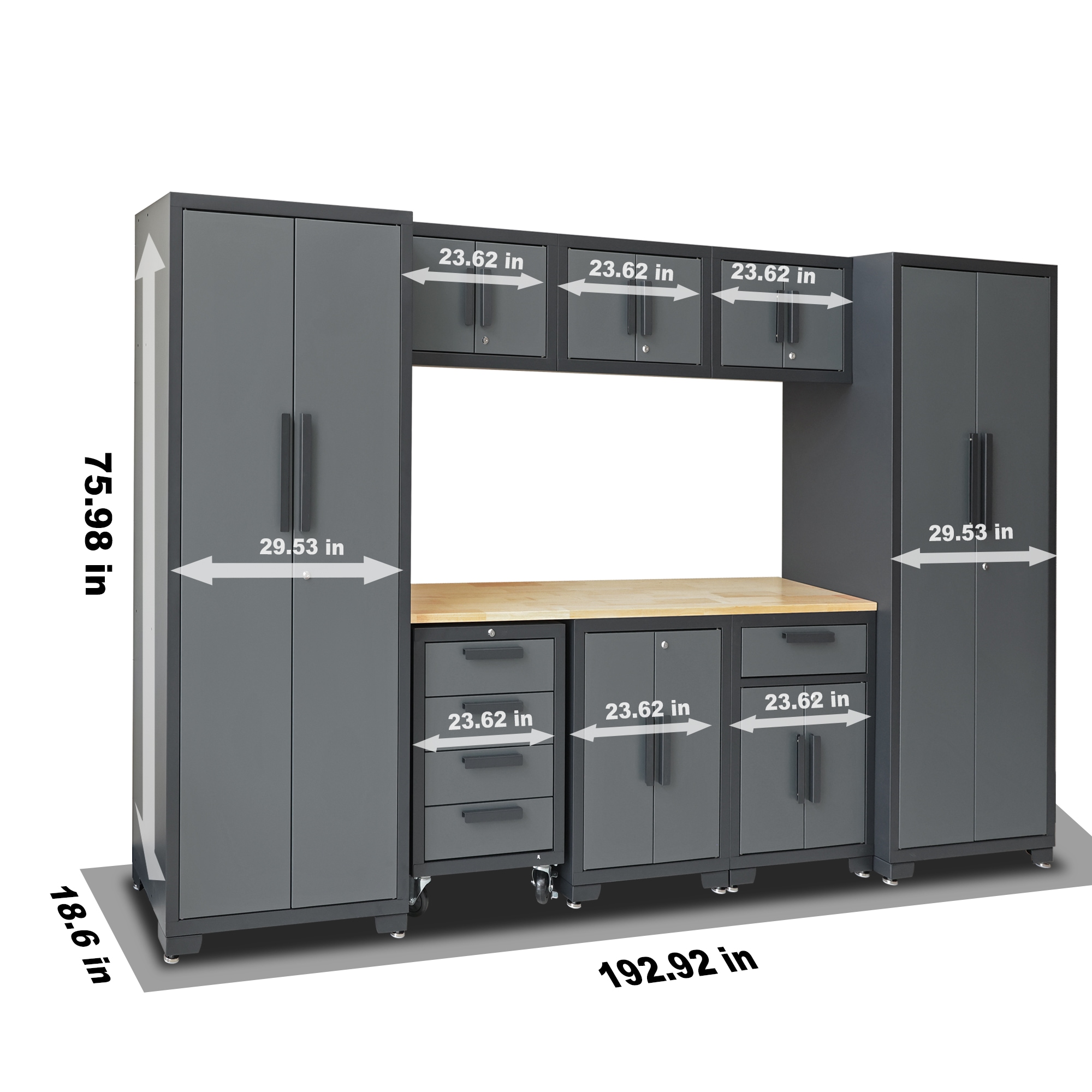 Sistema de almacenamiento para garaje GSC009PCL de 9 gabinetes en gris acero ROAD DAWG de 129.92 pulgadas de ancho x 75.98 pulgadas de alto x 18.6 pulgadas de profundidad