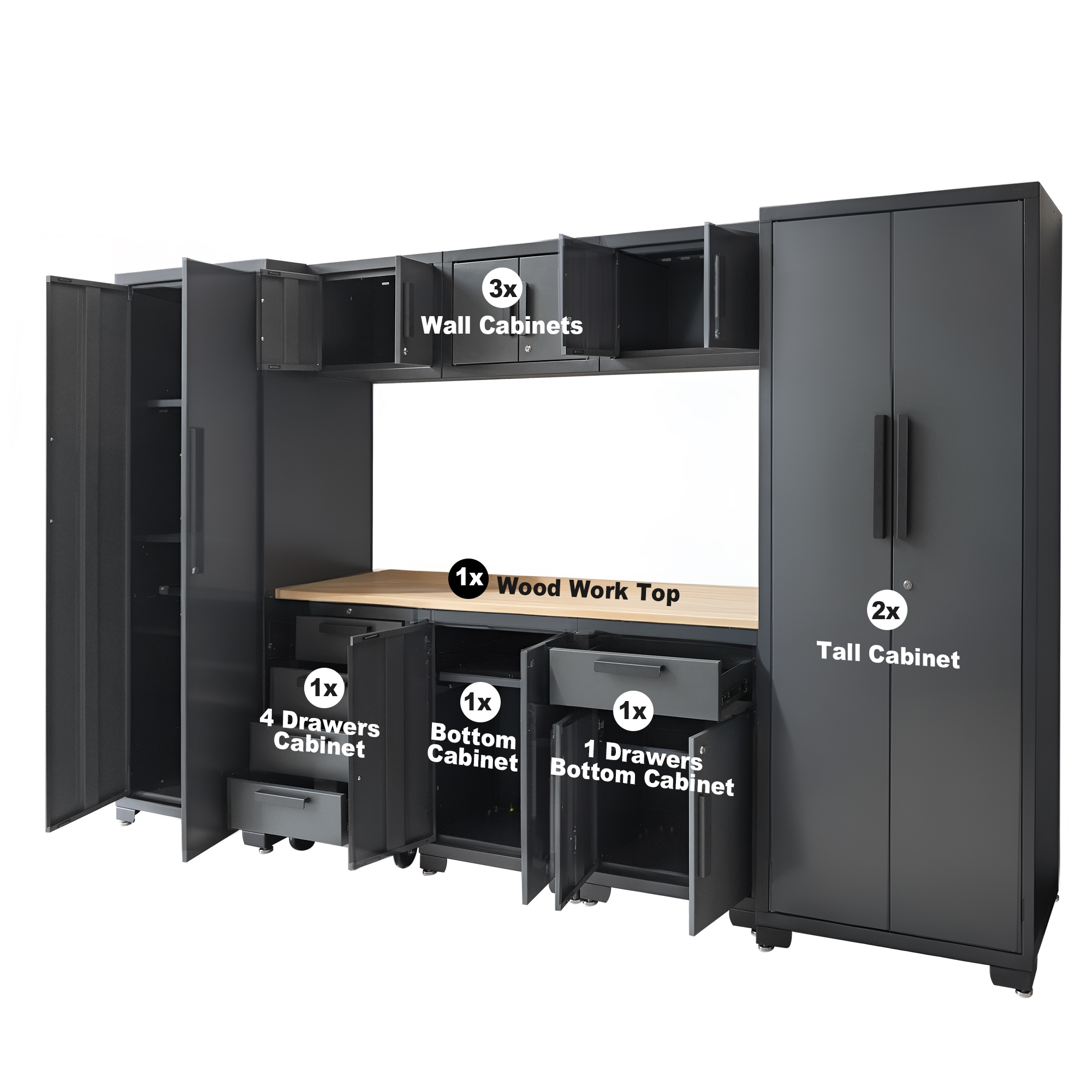 Sistema de almacenamiento para garaje GSC009PCL de 9 gabinetes en gris acero ROAD DAWG de 129.92 pulgadas de ancho x 75.98 pulgadas de alto x 18.6 pulgadas de profundidad