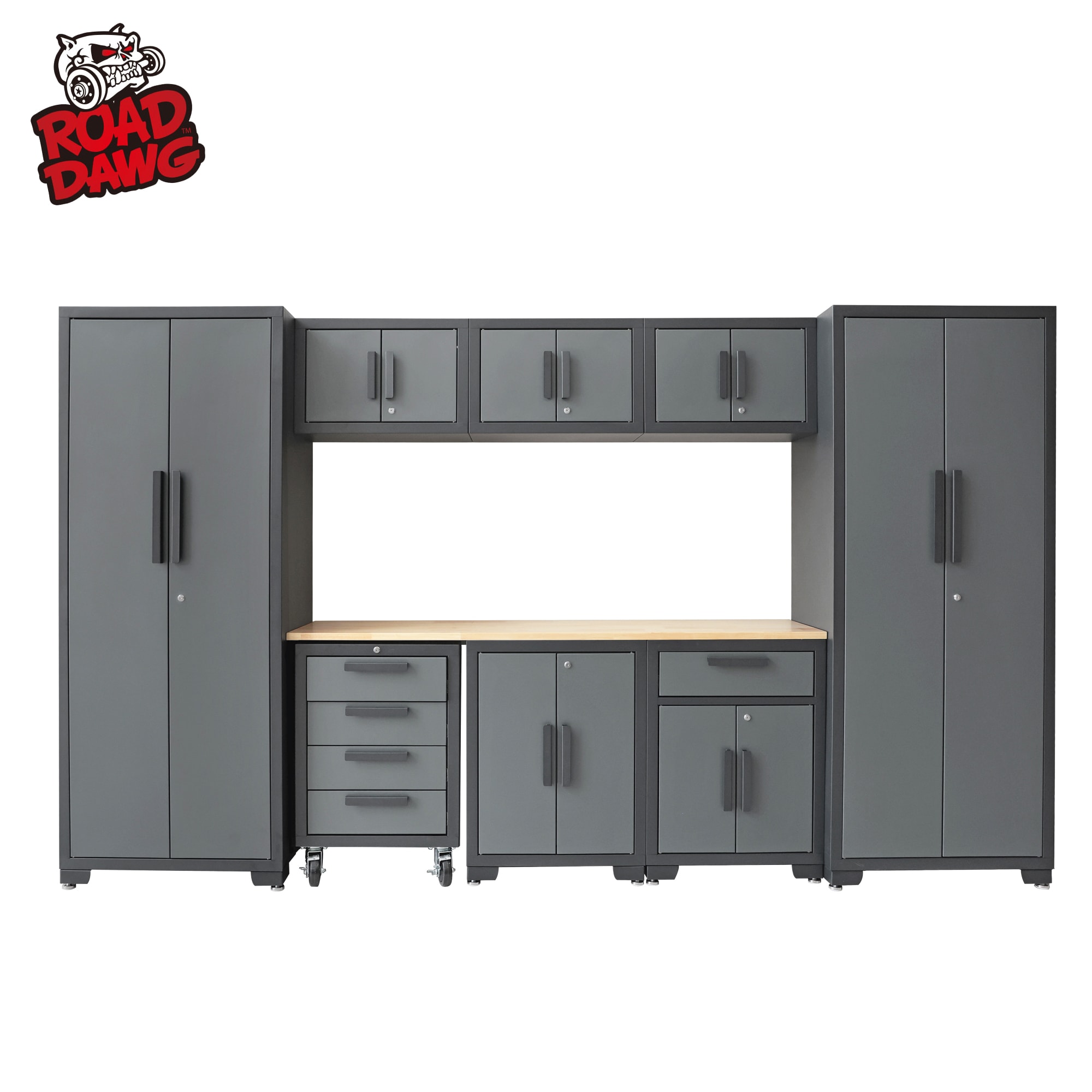 Sistema de almacenamiento para garaje GSC009PCL de 9 gabinetes en gris acero ROAD DAWG de 129.92 pulgadas de ancho x 75.98 pulgadas de alto x 18.6 pulgadas de profundidad
