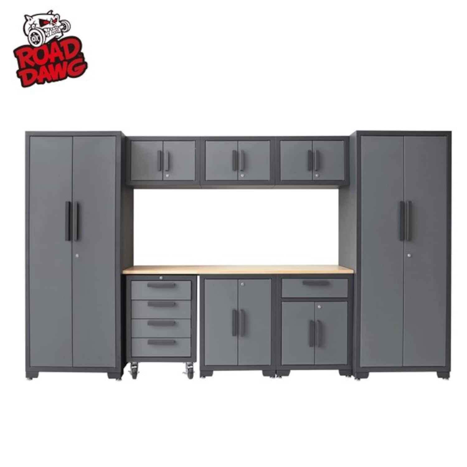 Sistema de almacenamiento para garaje GSC009PCL de 9 gabinetes en gris acero ROAD DAWG de 129.92 pulgadas de ancho x 75.98 pulgadas de alto x 18.6 pulgadas de profundidad