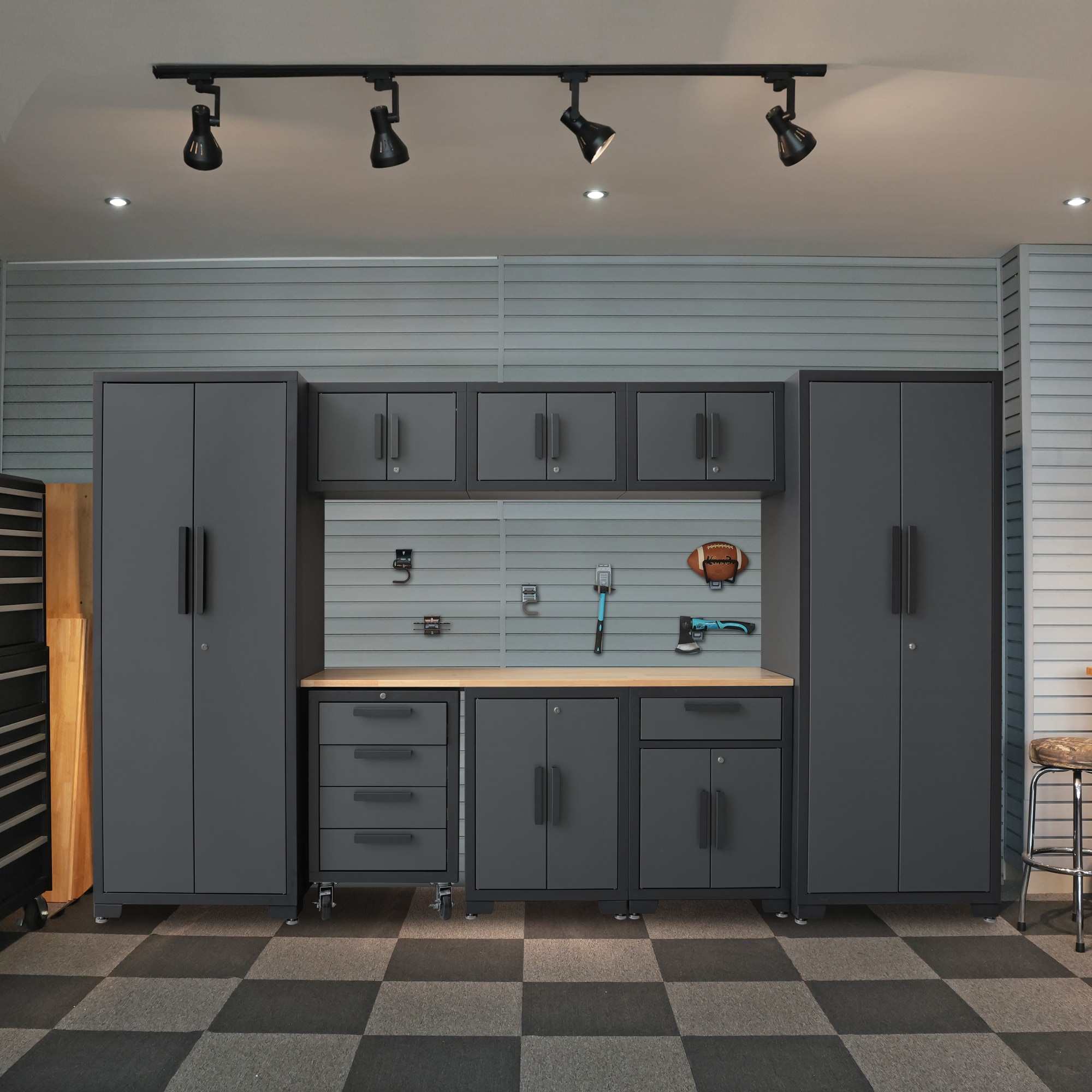 Sistema de almacenamiento para garaje GSC009PCL de 9 gabinetes en gris acero ROAD DAWG de 129.92 pulgadas de ancho x 75.98 pulgadas de alto x 18.6 pulgadas de profundidad