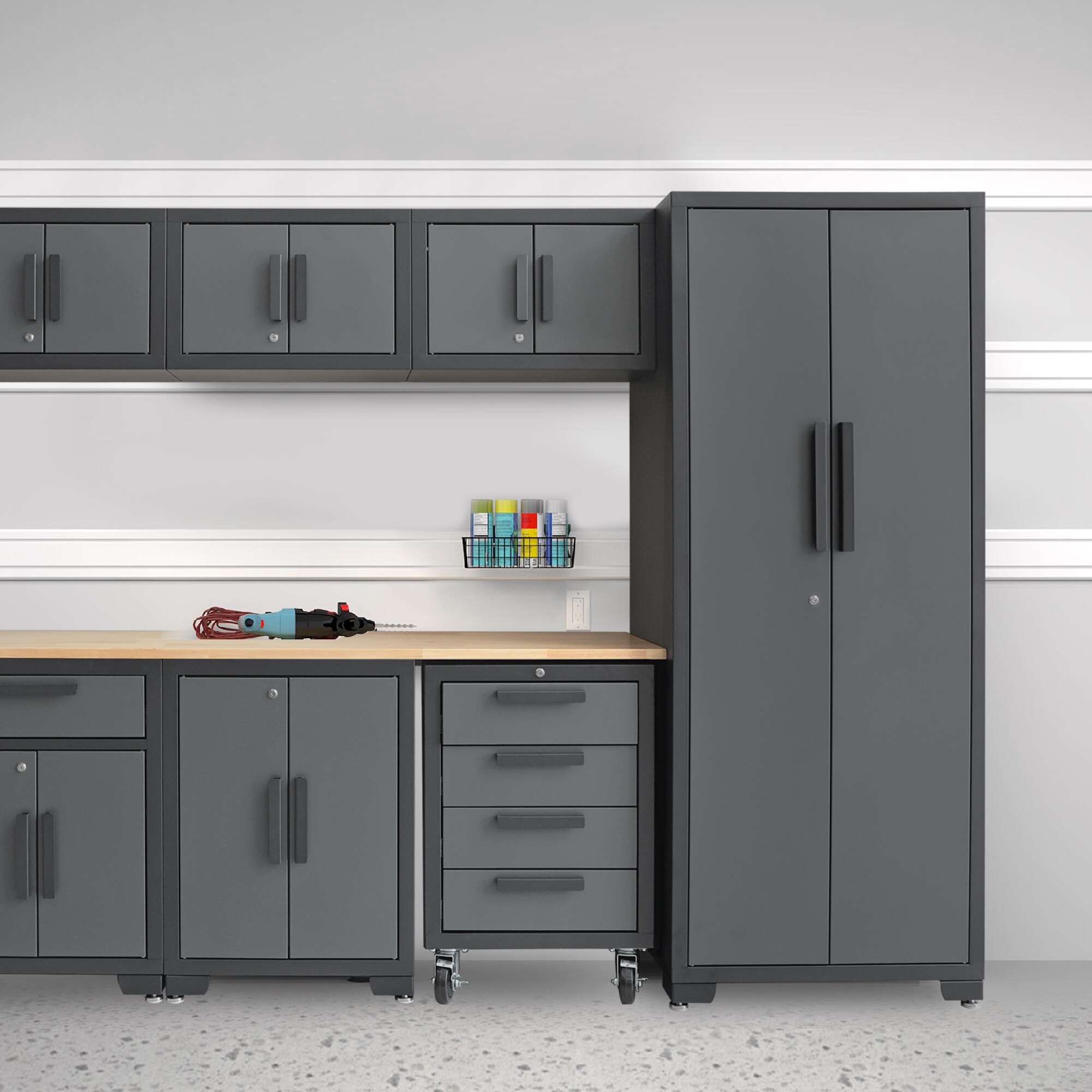 Sistema de almacenamiento para garaje GSC009PCL de 9 gabinetes en gris acero ROAD DAWG de 129.92 pulgadas de ancho x 75.98 pulgadas de alto x 18.6 pulgadas de profundidad