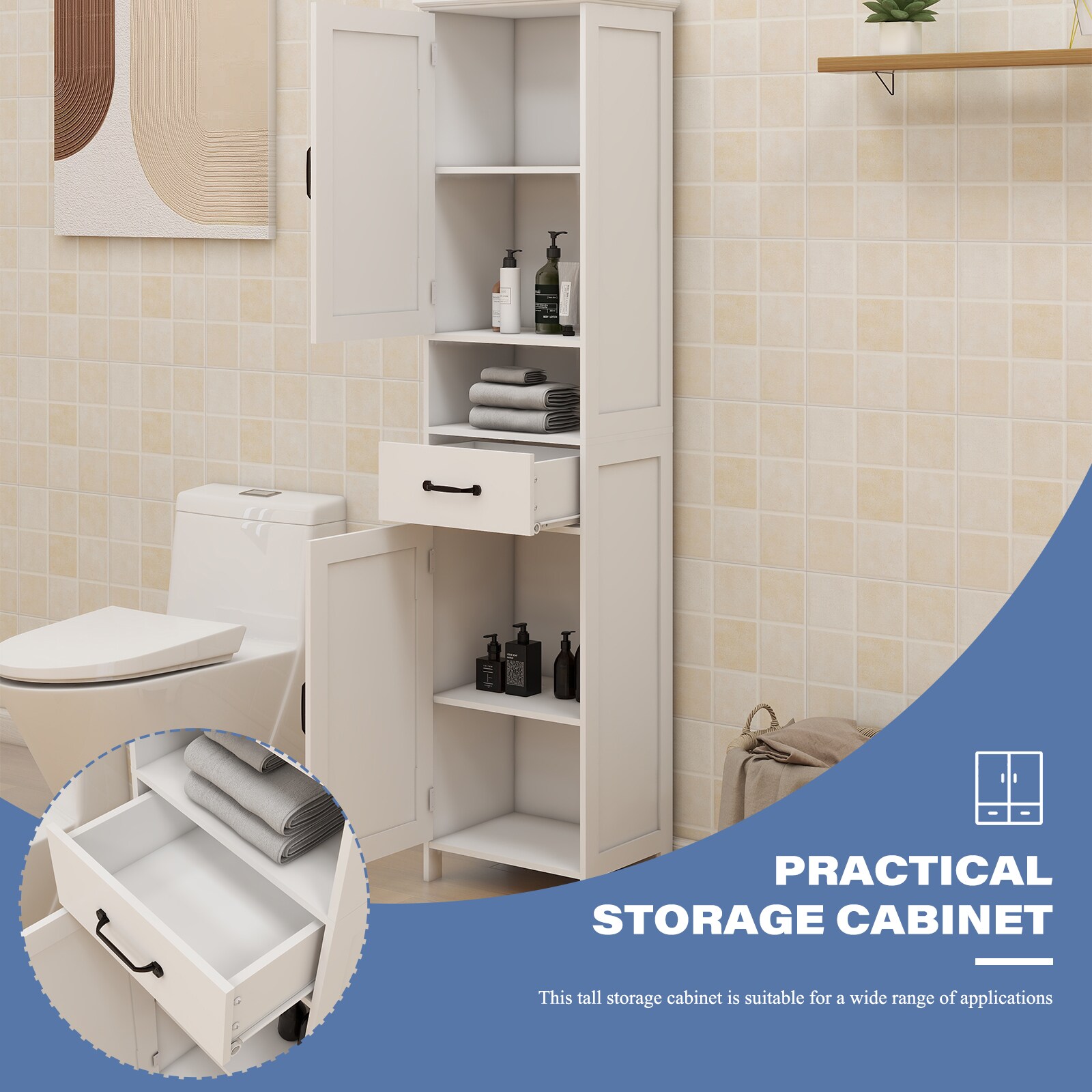 Gabinete de almacenamiento de utilidad blanco de MDF Siavonce 11.81 pulgadas de ancho x 64.96 pulgadas de alto, para montaje en pared o como mueble independiente FZ-D0102HRIMVJ