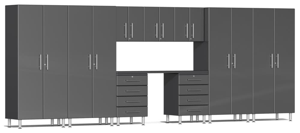 Sistema de almacenamiento para garage Ulti-MATE 212.9 pulgadas de ancho x 80 pulgadas de alto x 21 pulgadas de profundidad con 9 gabinetes de madera compuesta con acabado metálico gris sobre caja de gabinete gris UG22101G