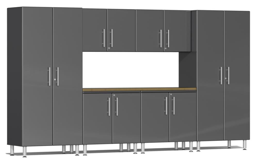 Sistema de almacenamiento para el garaje Ulti-MATE 141.8 pulgadas de ancho x 80 pulgadas de alto x 21 pulgadas de profundidad, 8 gabinetes de madera compuesta con frente metálico gris sobre caja gris UG26072G