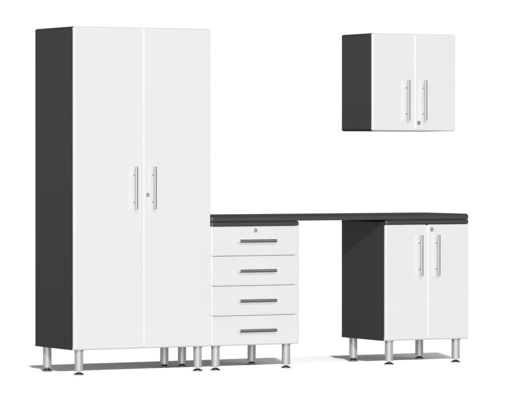 Sistema de almacenamiento para garage Ulti-MATE 106.3 pulgadas de ancho x 80 pulgadas de alto x 21 pulgadas de profundidad 4 gabinetes de madera compuesta blanco con frente metálico sobre caja de gabinete gris UG22051W