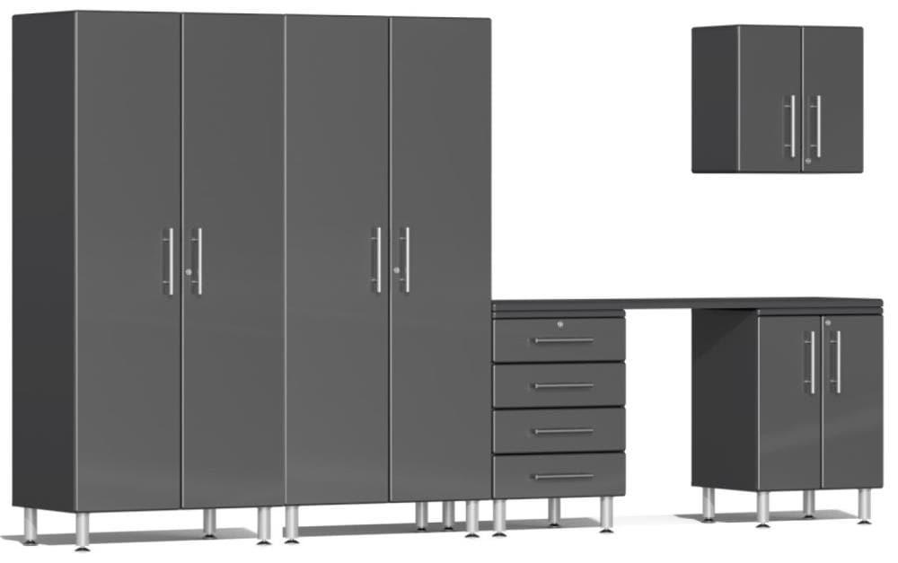 Sistema de almacenamiento para garaje Ulti-MATE 141.8 pulgadas An x 80 pulgadas Al x 21 pulgadas Pr 5 gabinetes madera compuesta frente metálico gris sobre caja de gabinete gris UG27061G