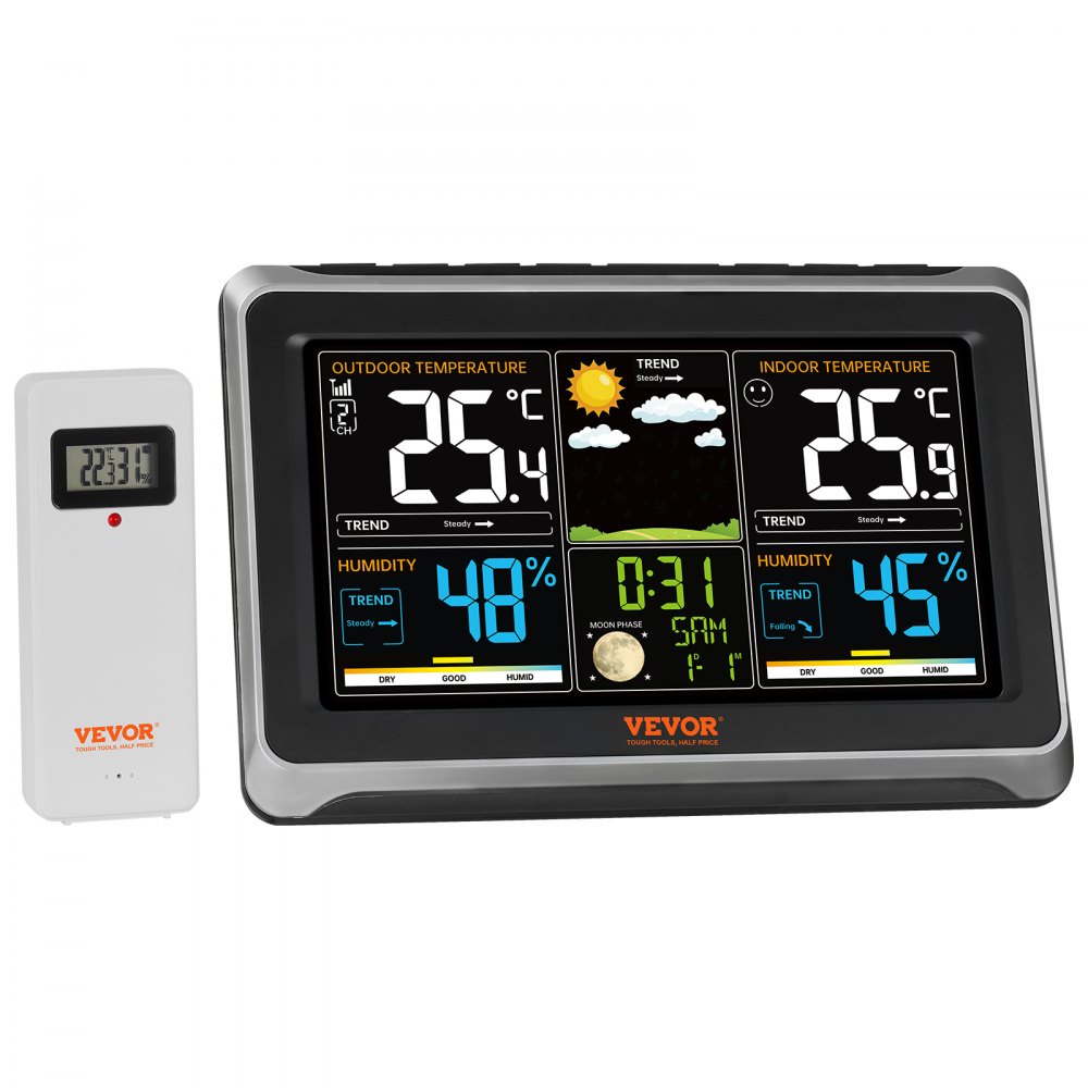 VEVOR Weather Station Indoor Outdoor, 7.5 in Large Color Display, Wireless Digital Home Weather Station, with Sensor Atomic Clock Adjustable Backlight Forecast Data Calendar Alarm Alert Temperature - SNQXZWX75VAAAAQ08V1