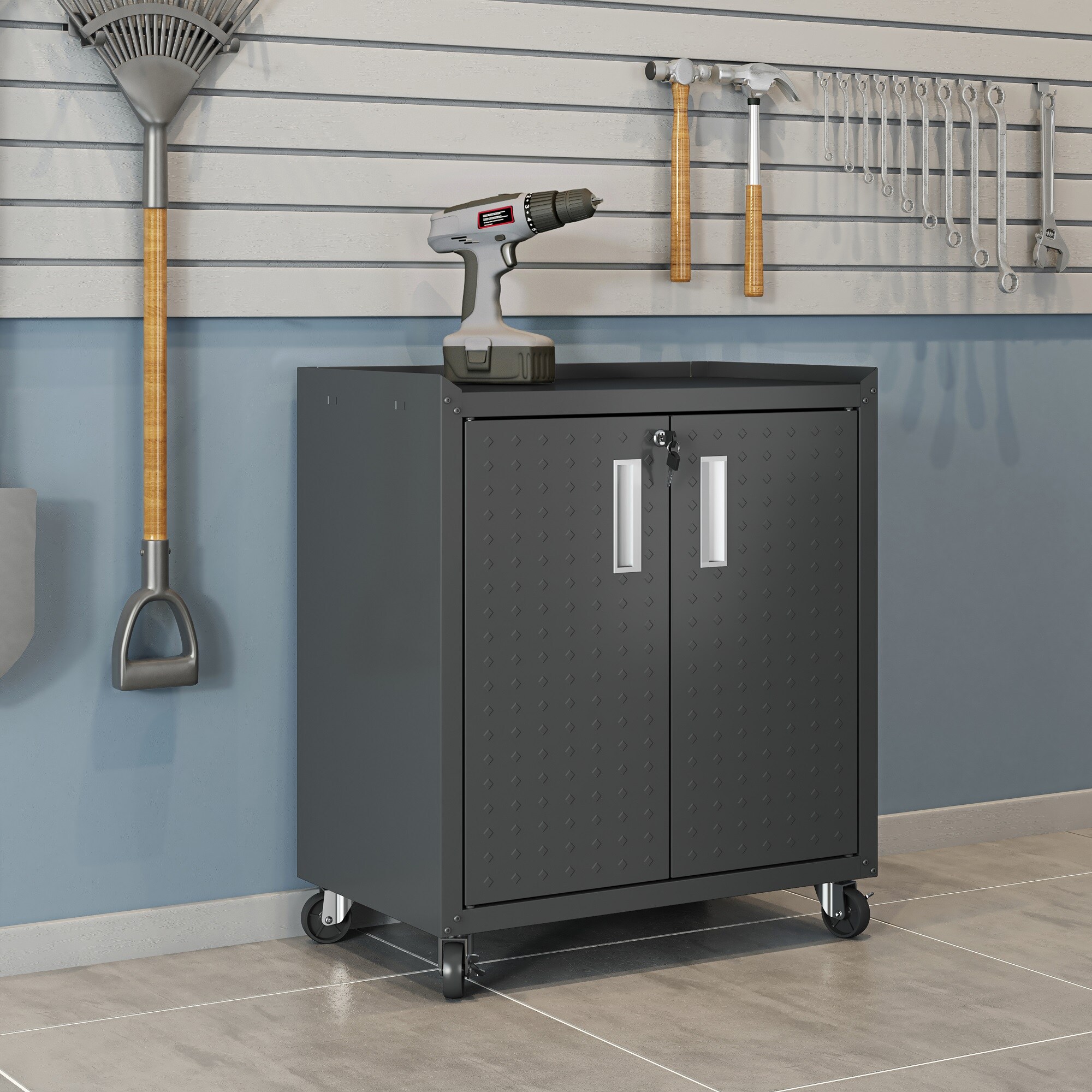Gabinete de garaje independiente de aluminio en gris de 30.3 pulgadas de ancho x 31.5 pulgadas de alto x 18.2 pulgadas de profundidad de Manhattan Comfort Fortress 3GMCC-CH