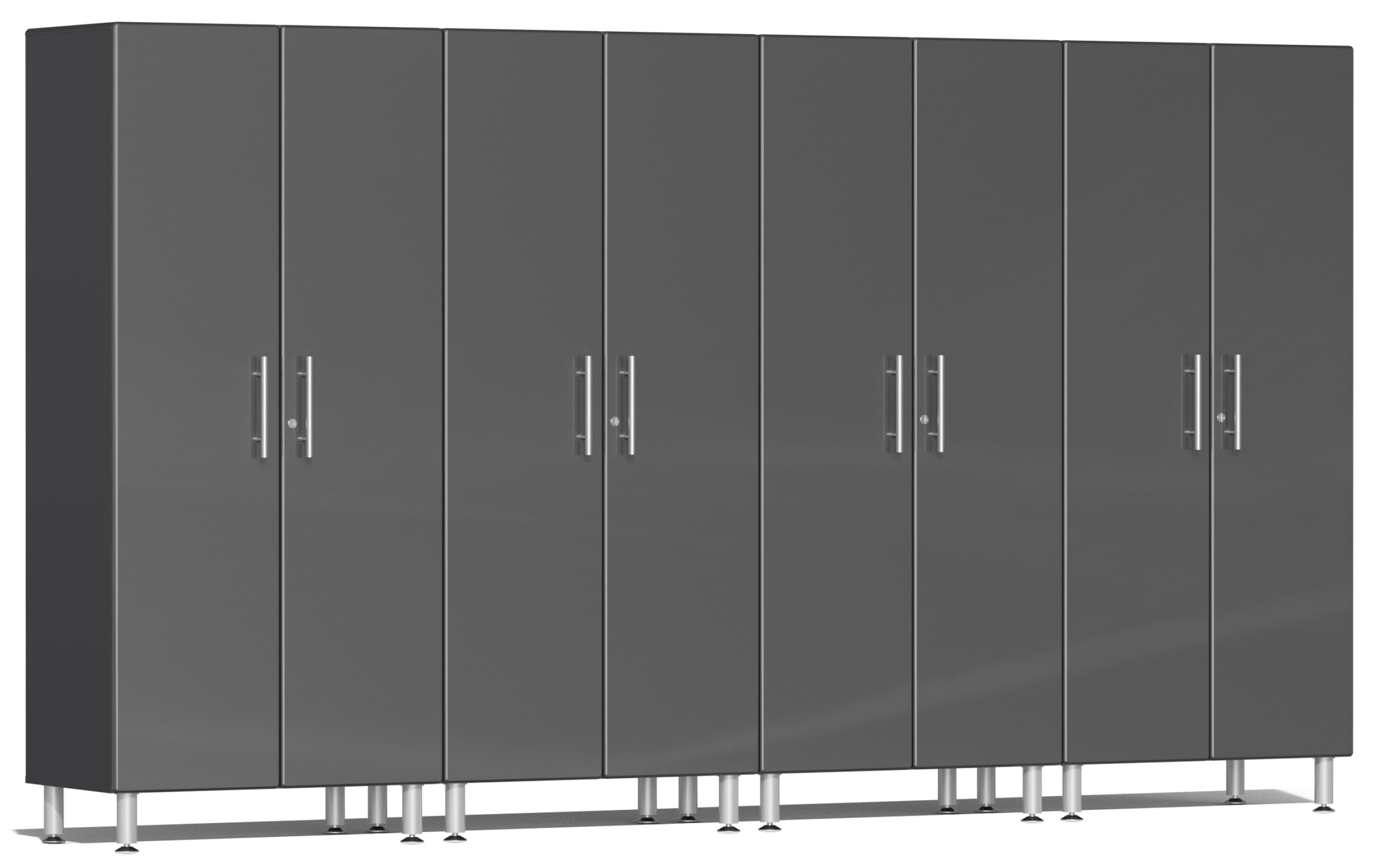 Sistema de Almacenamiento para Garaje Ulti-MATE 142 pulgadas de Ancho x 80 pulgadas de Alto x 21 pulgadas de Profundidad con 4 Gabinetes de Madera Compuesta Gris Metálico sobre Gabinetes Grises UG22640G