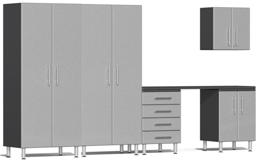 Sistema de Almacenamiento para Garaje Ulti-MATE 141.8 Pulgadas Ancho x 80 Pulgadas Alto x 21 Pulgadas Profundidad 5 Gabinetes Madera compuesta Frente metálico plateado sobre caja de gabinete gris UG27061S