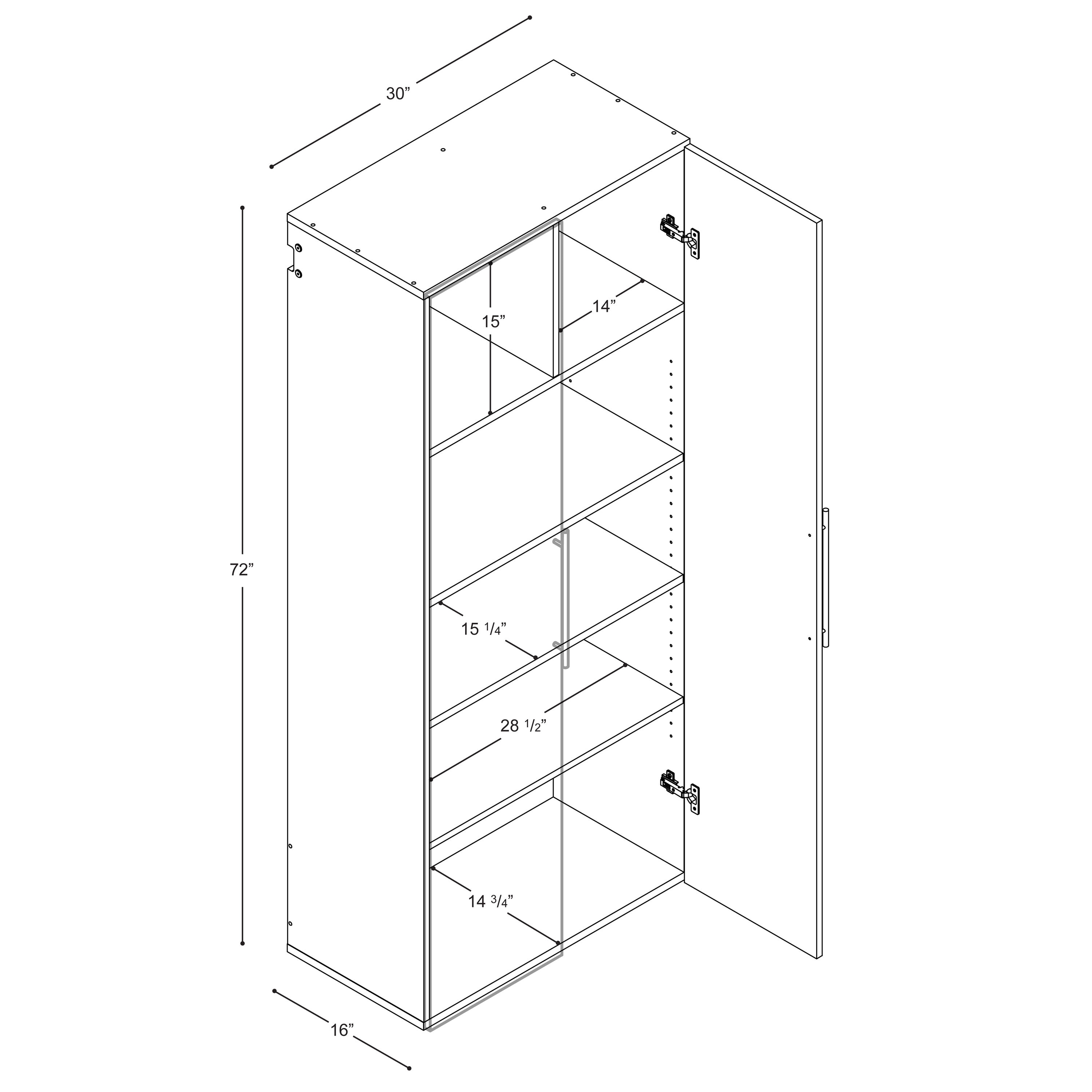 Gabinete de garaje de madera compuesta montado en la pared de 30 pulgadas de ancho x 72 pulgadas de alto x 16 pulgadas de profundidad en color blanco Prepac HangUps WSCW-0707-2K
