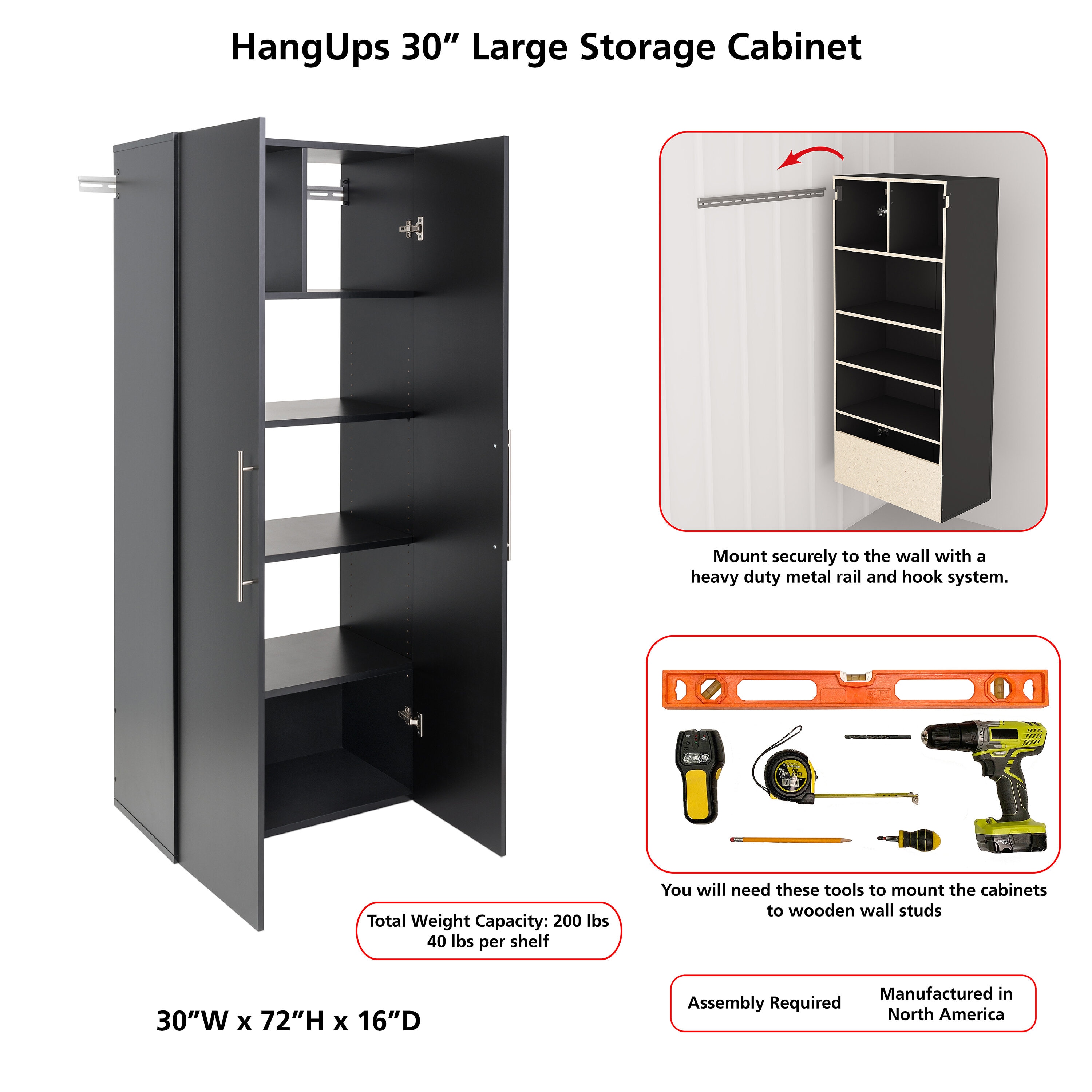 Gabinete de garaje de madera compuesta montado en la pared de 30 pulgadas de ancho x 72 pulgadas de alto x 16 pulgadas de profundidad en color blanco Prepac HangUps WSCW-0707-2K