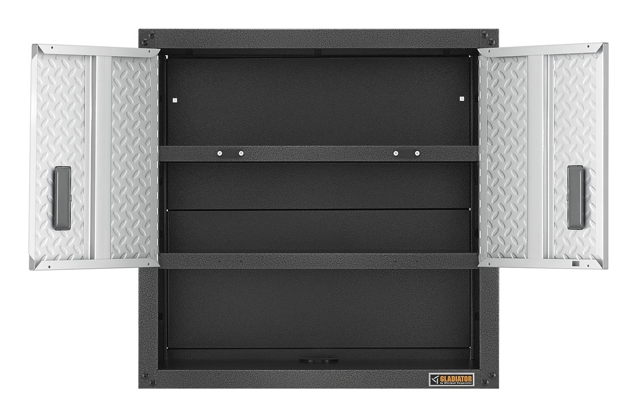 Gabinete de garaje de acero montado en la pared en gris listo para ensamblar Gladiator Ready-to-Assemble 3/4 Door Wall GearBox 28 pulgadas de ancho x 28 pulgadas de alto x 12 pulgadas de profundidad