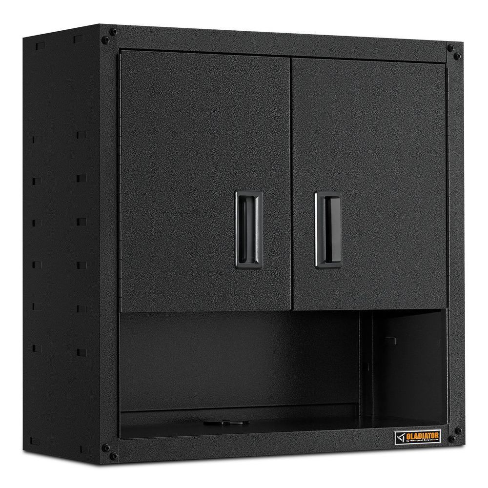 Gabinete de garaje de acero montado en la pared Gladiator de 28 pulgadas de ancho x 28 pulgadas de alto x 12 pulgadas de profundidad en gris GAWG28KDESG