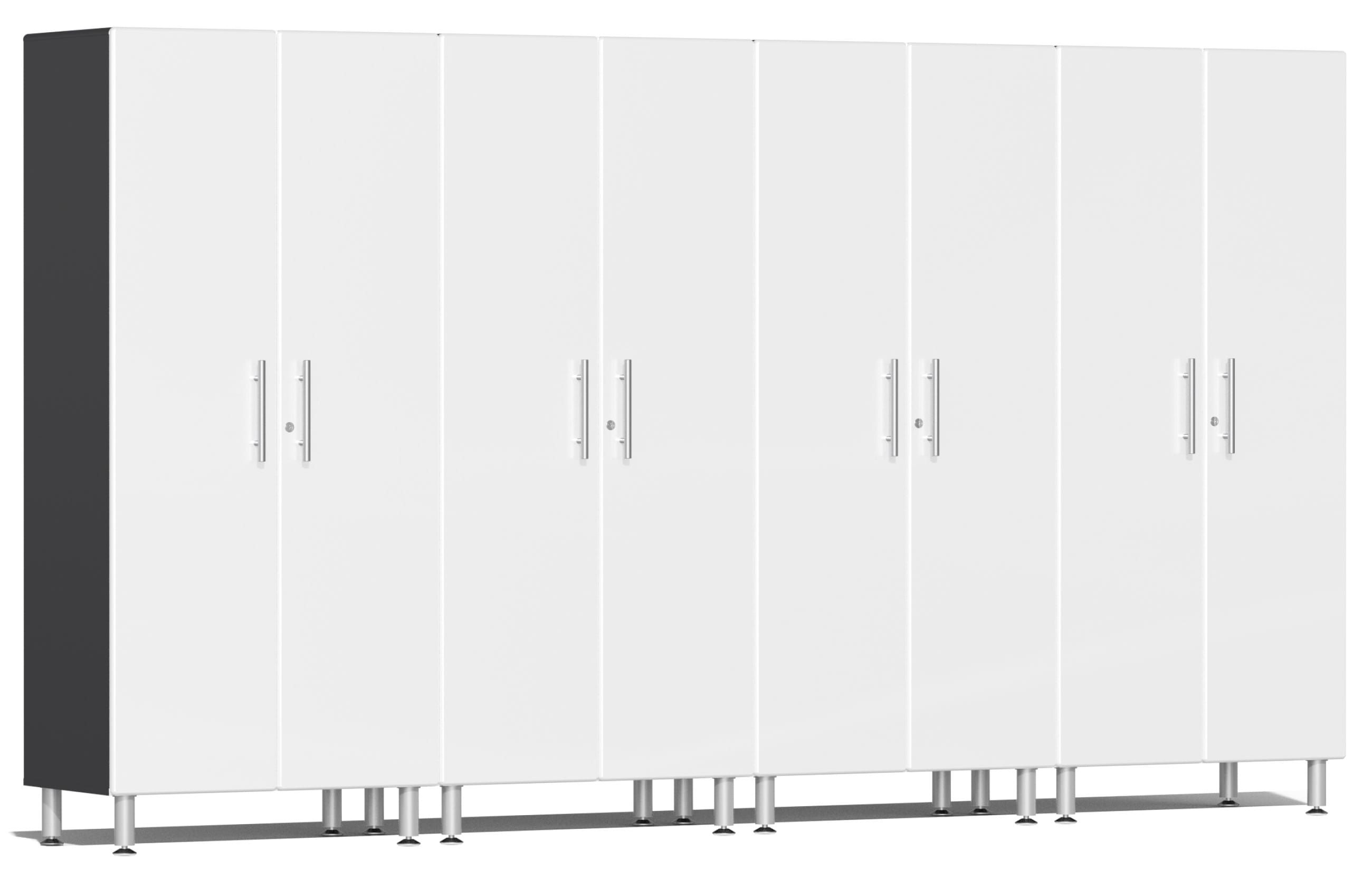 Sistema de almacenamiento para garaje Ulti-MATE 142 pulgadas de ancho x 80 pulgadas de alto x 21 pulgadas de profundidad, 4 gabinetes de madera compuesta blanco metálico sobre gris UG22640W
