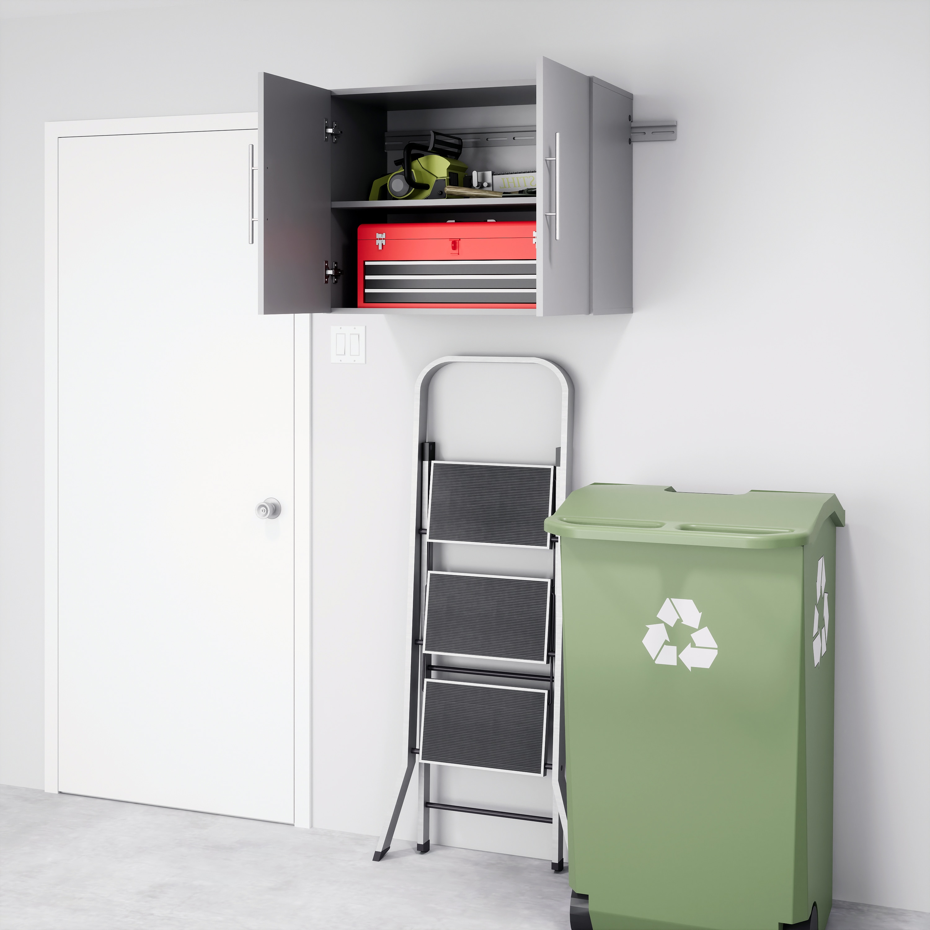 Gabinete de garaje de madera compuesta montado en la pared en gris de 30 pulgadas de ancho x 24 pulgadas de alto x 16 pulgadas de profundidad de Prepac HangUps GSUW-0707-1
