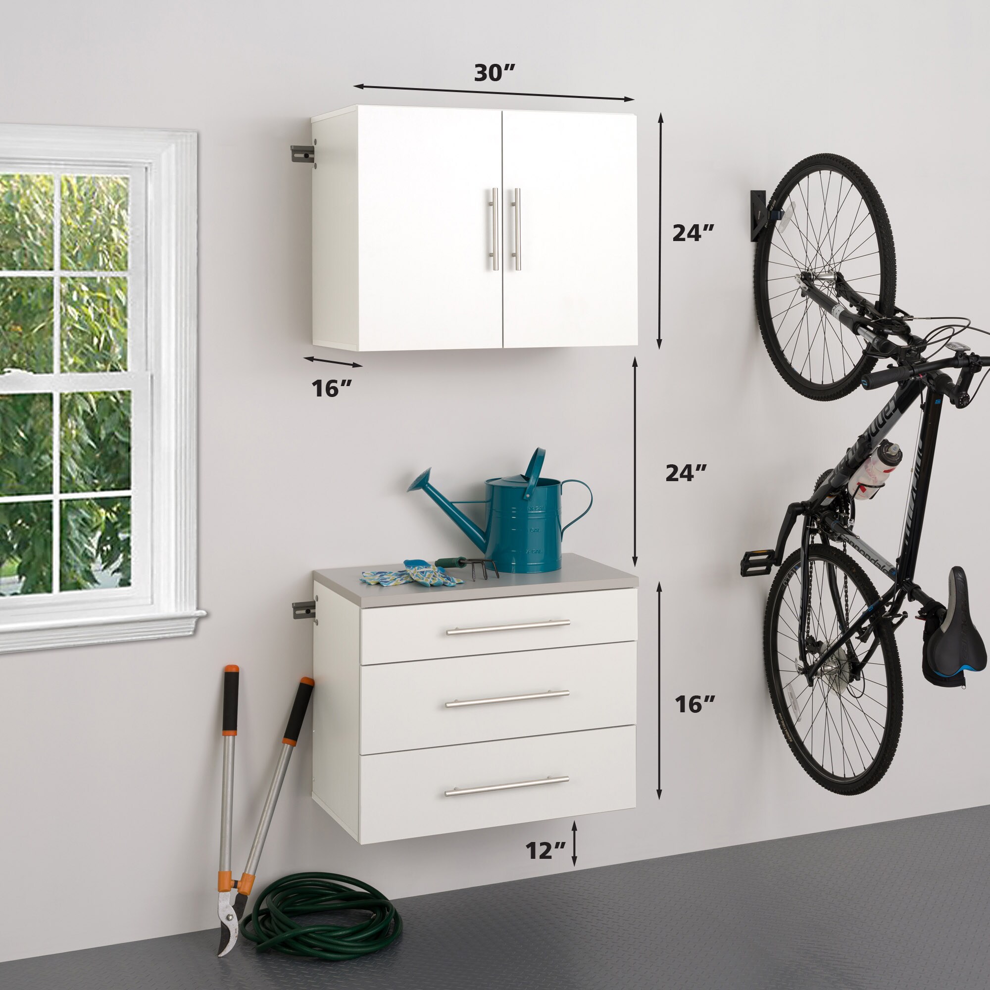 Gabinete de garaje de madera compuesta montado en la pared Prepac HangUps de 30 pulgadas de ancho x 24 pulgadas de alto x 16 pulgadas de profundidad en blanco WSUW-0707-1