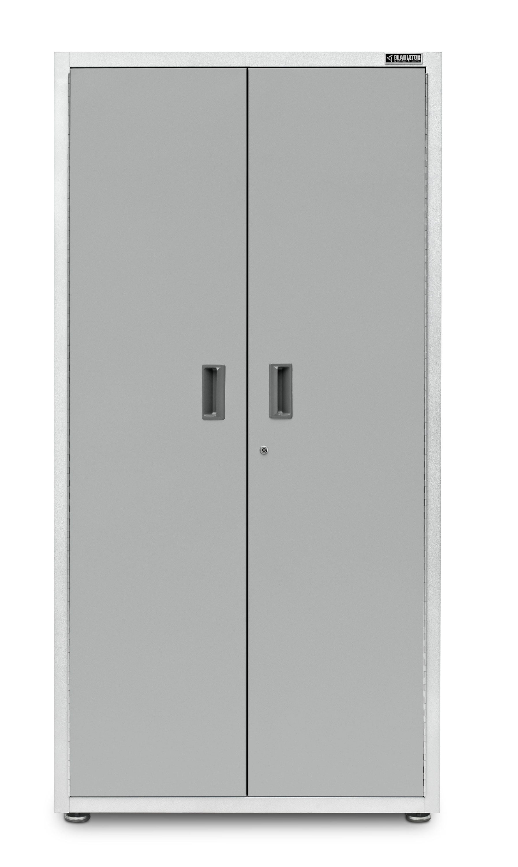 Gabinete de garaje de acero grande Gladiator Ready-to-Assemble GearBox 36.0 pulgadas de ancho x 72.0 pulgadas de alto x 18.0 pulgadas de profundidad, para piso o montado en la pared, en color blanco.