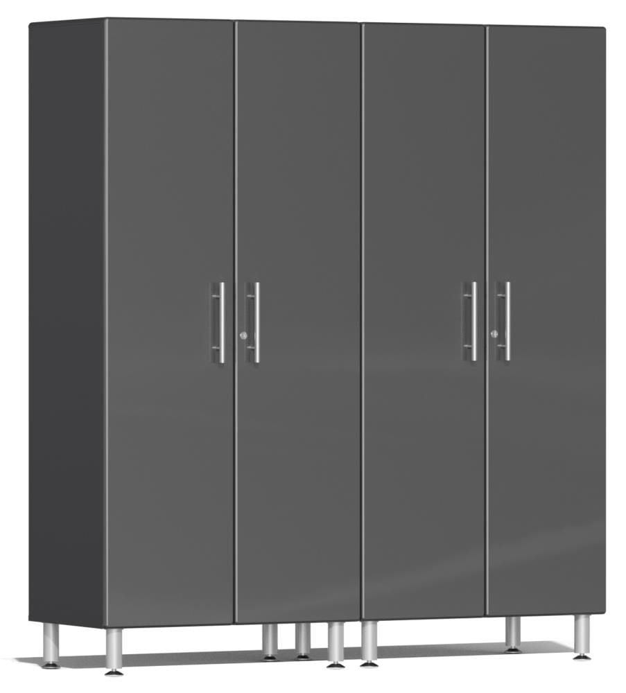 Sistema de almacenamiento para garaje Ulti-MATE de 71 pulgadas de ancho x 80 pulgadas de alto x 21 pulgadas de profundidad con 2 gabinetes de madera compuesta, frente metálico gris sobre caja gris. UG22620G