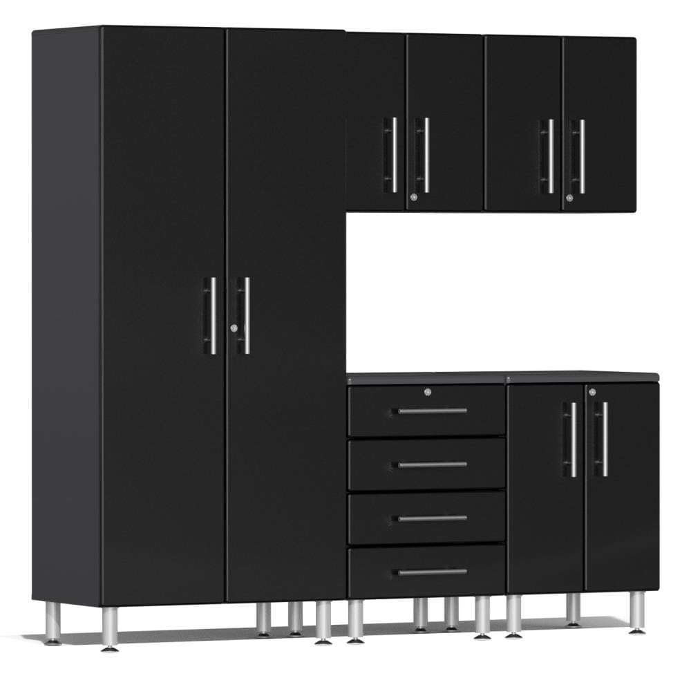 Sistema de almacenamiento para garaje Ulti-MATE 82.7 pulgadas de ancho x 80 pulgadas de alto x 21 pulgadas de profundidad con 5 gabinetes de madera compuesta, frente metálico negro y caja gris UG22050B