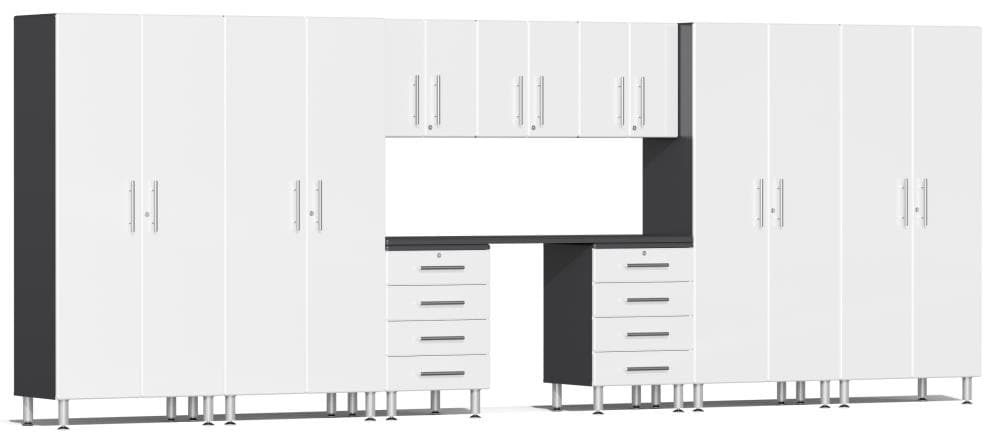 Sistema de almacenamiento para garaje Ulti-MATE 212.9 pulgadas de ancho x 80 pulgadas de alto x 21 pulgadas de profundidad 9 gabinetes de madera compuesta, acabado blanco metálico sobre caja de gabinete gris UG22101W