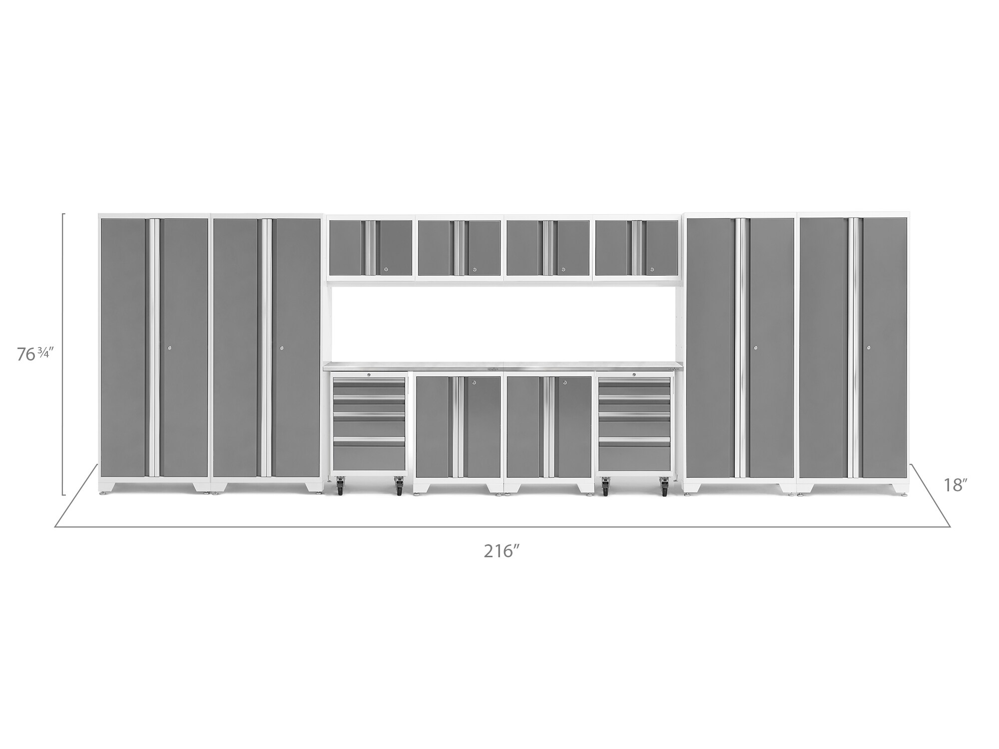 Sistema de almacenamiento para garaje de acero gris carbón con 12 gabinetes de NewAge Products de 216.0 pulgadas de ancho x 76.75 pulgadas de alto x 18.0 pulgadas de profundidad 50439