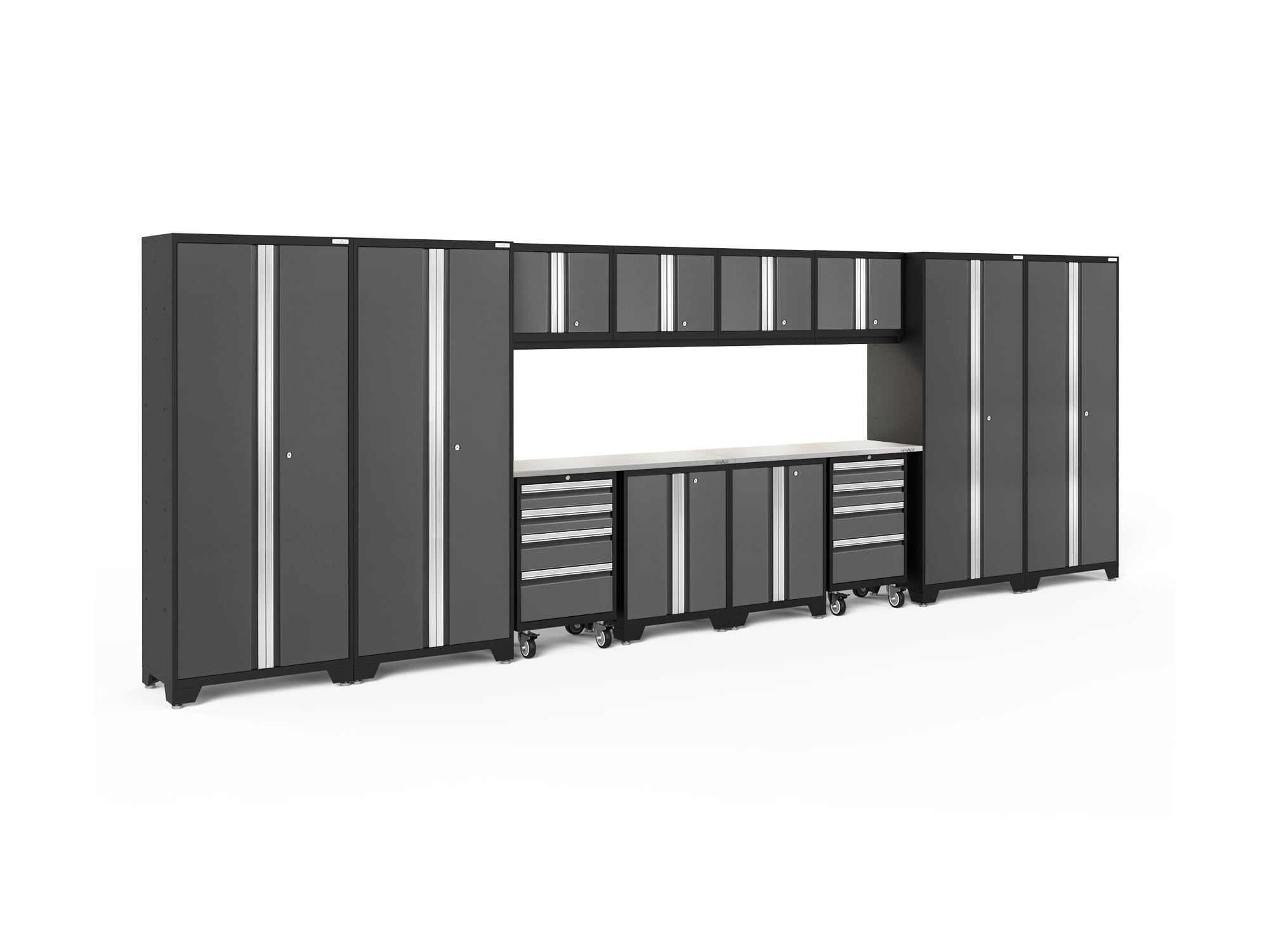 Sistema de almacenamiento para garaje de acero gris carbón con 12 gabinetes de NewAge Products de 216.0 pulgadas de ancho x 76.75 pulgadas de alto x 18.0 pulgadas de profundidad 50439
