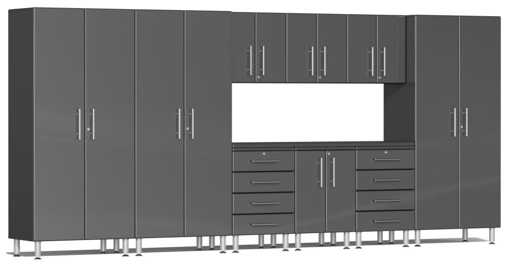 Sistema de Almacenamiento para Garage Ulti-MATE 177.3 Pulgadas Ancho x 80 Pulgadas Alto x 21 Pulgadas Profundo 9 Gabinetes Madera compuesta frente metálico gris sobre caja de gabinete gris UG23101G