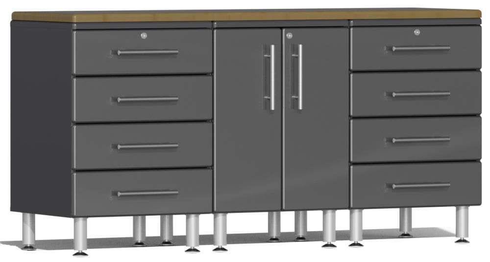 Sistema de almacenamiento para garaje Ulti-MATE 70.8 pulgadas de ancho x 36.5 pulgadas de alto x 21 pulgadas de profundidad 3 gabinetes de madera compuesta con frente metálico gris y caja de gabinete gris. UG24042G