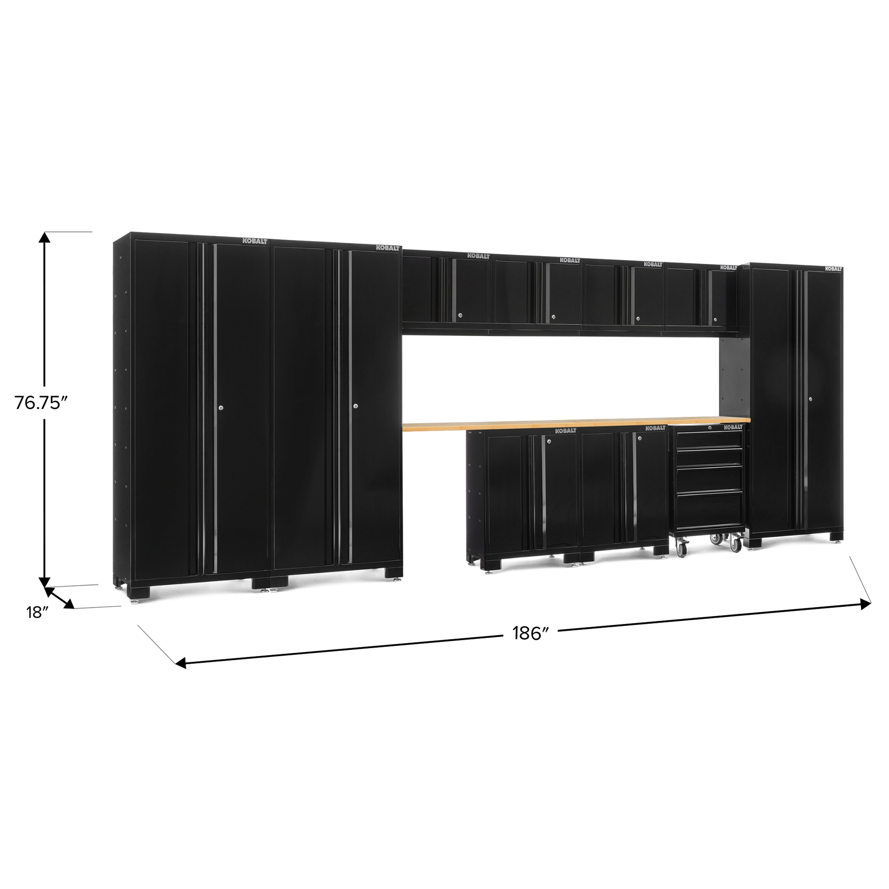 Sistema de almacenamiento para garaje de acero negro con 10 gabinetes Kobalt de 186 pulgadas de ancho x 76 pulgadas de alto x 18 pulgadas de profundidad