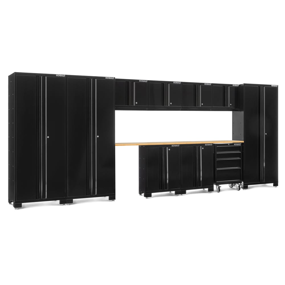 Sistema de almacenamiento para garaje de acero negro con 10 gabinetes Kobalt de 186 pulgadas de ancho x 76 pulgadas de alto x 18 pulgadas de profundidad
