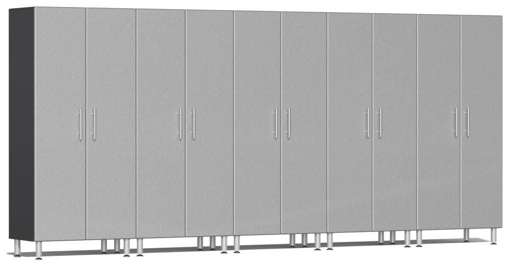 Sistema de Almacenamiento para Garaje Ulti-MATE 177.5 pulgadas de ancho x 80 pulgadas de alto x 21 pulgadas de profundidad 5 gabinetes de madera compuesta frente metálico plateado sobre caja de gabinete gris UG22650S
