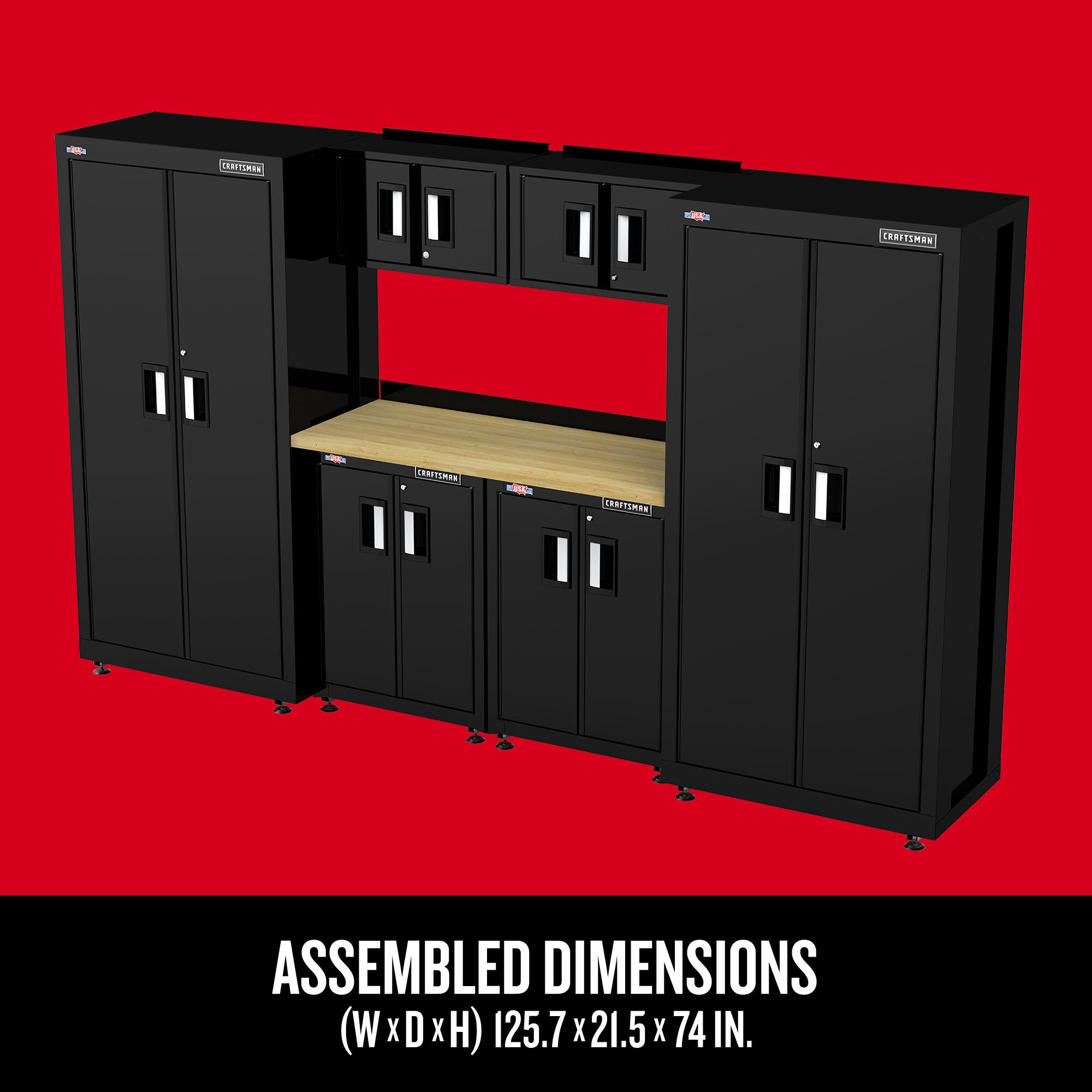 Sistema de almacenamiento para garaje de acero negro/suave CRAFTSMAN de 125.7 pulgadas de ancho x 74 pulgadas de alto x 21.5 pulgadas de profundidad con 6 gabinetes CMST98239BK