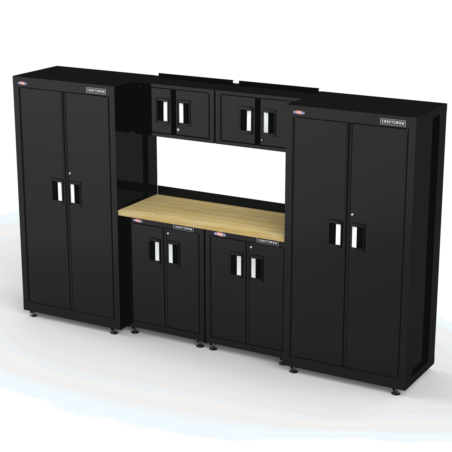 Sistema de almacenamiento para garaje de acero negro/suave CRAFTSMAN de 125.7 pulgadas de ancho x 74 pulgadas de alto x 21.5 pulgadas de profundidad con 6 gabinetes CMST98239BK
