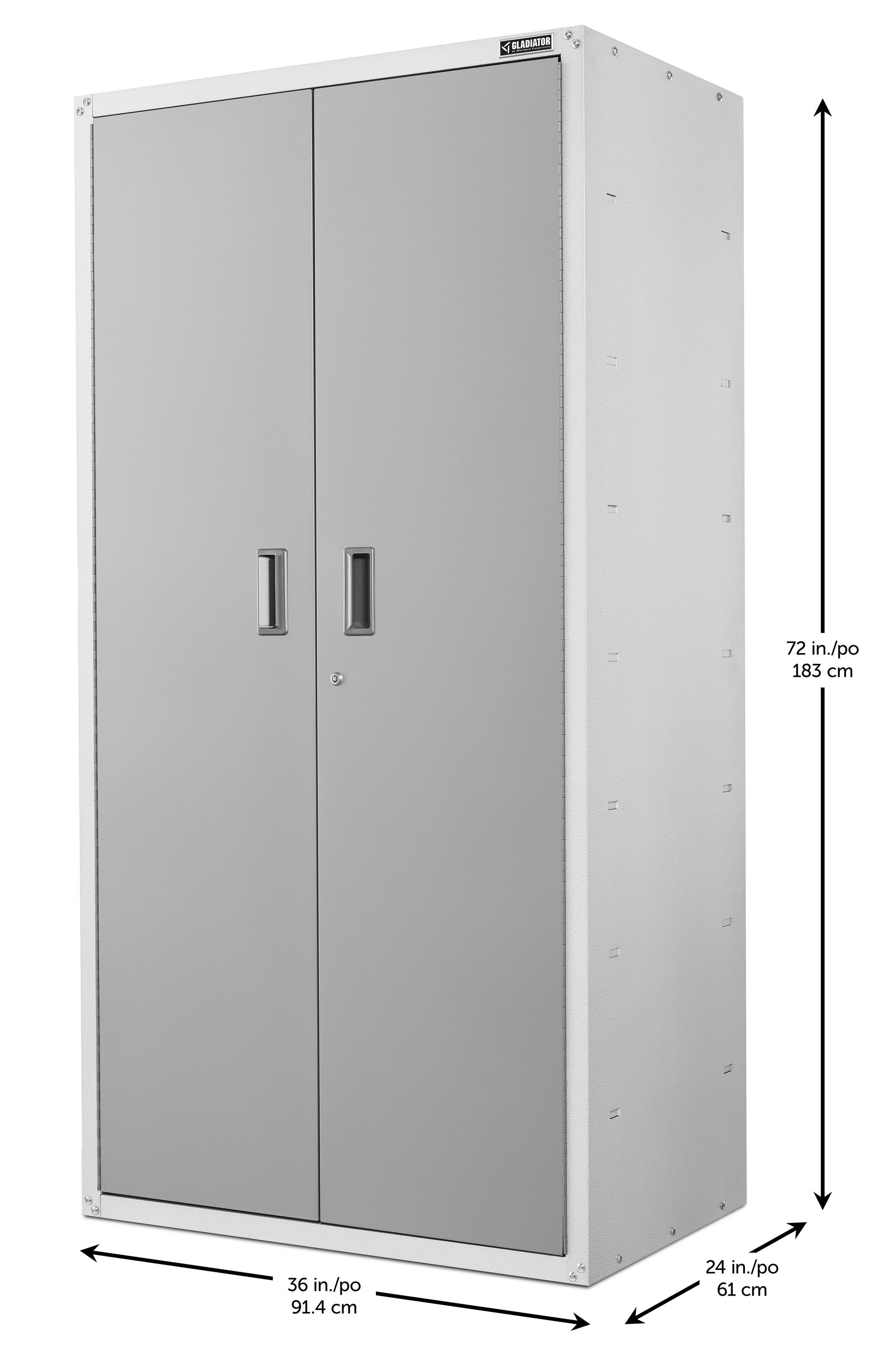 Gabinete de garaje de acero listo para ensamblar Gladiator Jumbo GearBox 36.0 pulgadas de ancho x 72.0 pulgadas de alto x 24.0 pulgadas de profundidad, montaje independiente o en la pared, en color blanco GAJG36FDZW