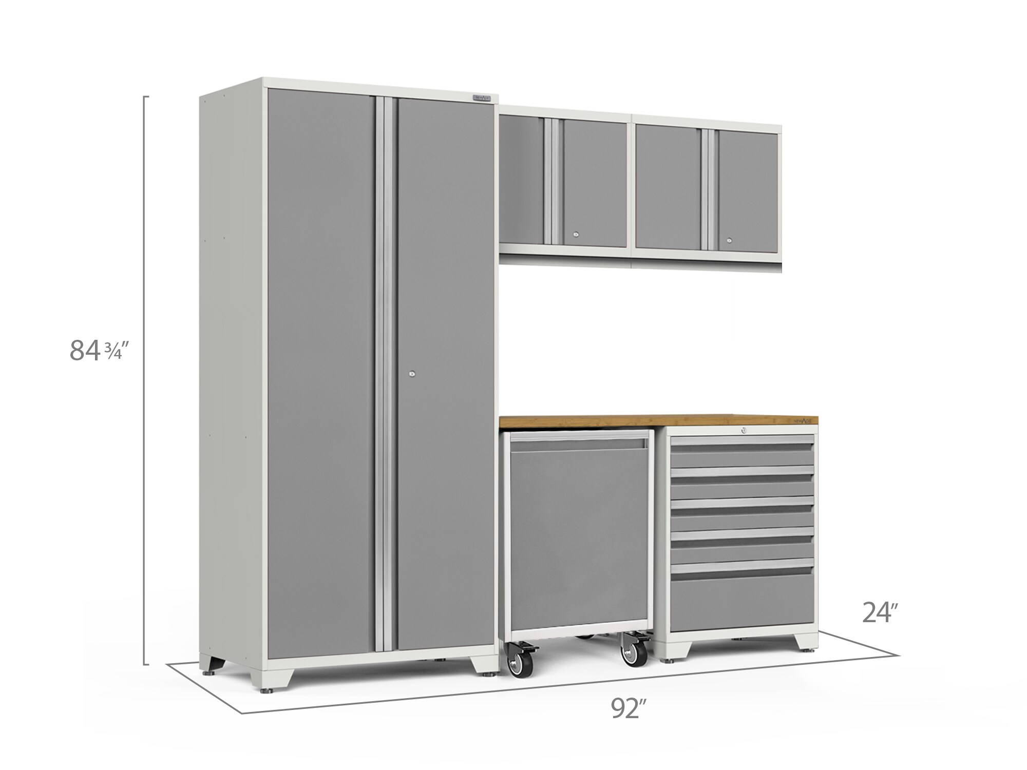 Sistema de almacenamiento para garaje de acero platino con 5 gabinetes de NewAge Products de 92 pulgadas de ancho x 84.75 pulgadas de alto x 24 pulgadas de profundidad.