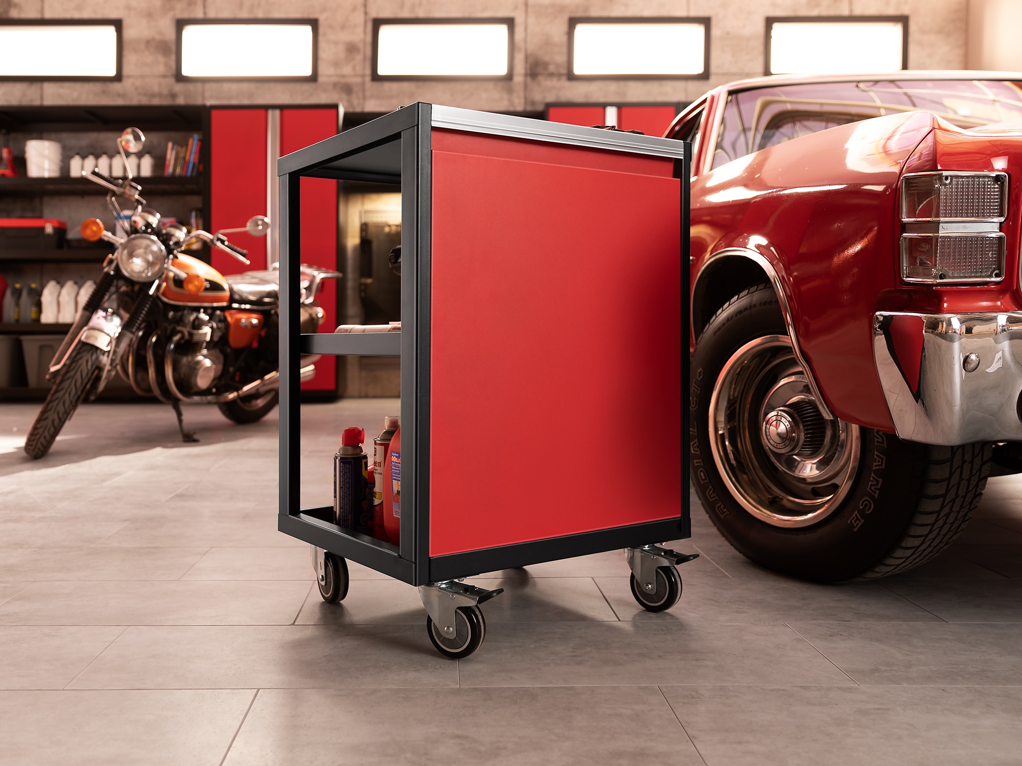Sistema de almacenamiento para garaje en acero color rojo profundo 5 gabinetes de NewAge Products de 92 pulgadas de ancho x 84.75 pulgadas de alto x 24 pulgadas de profundidad 55977