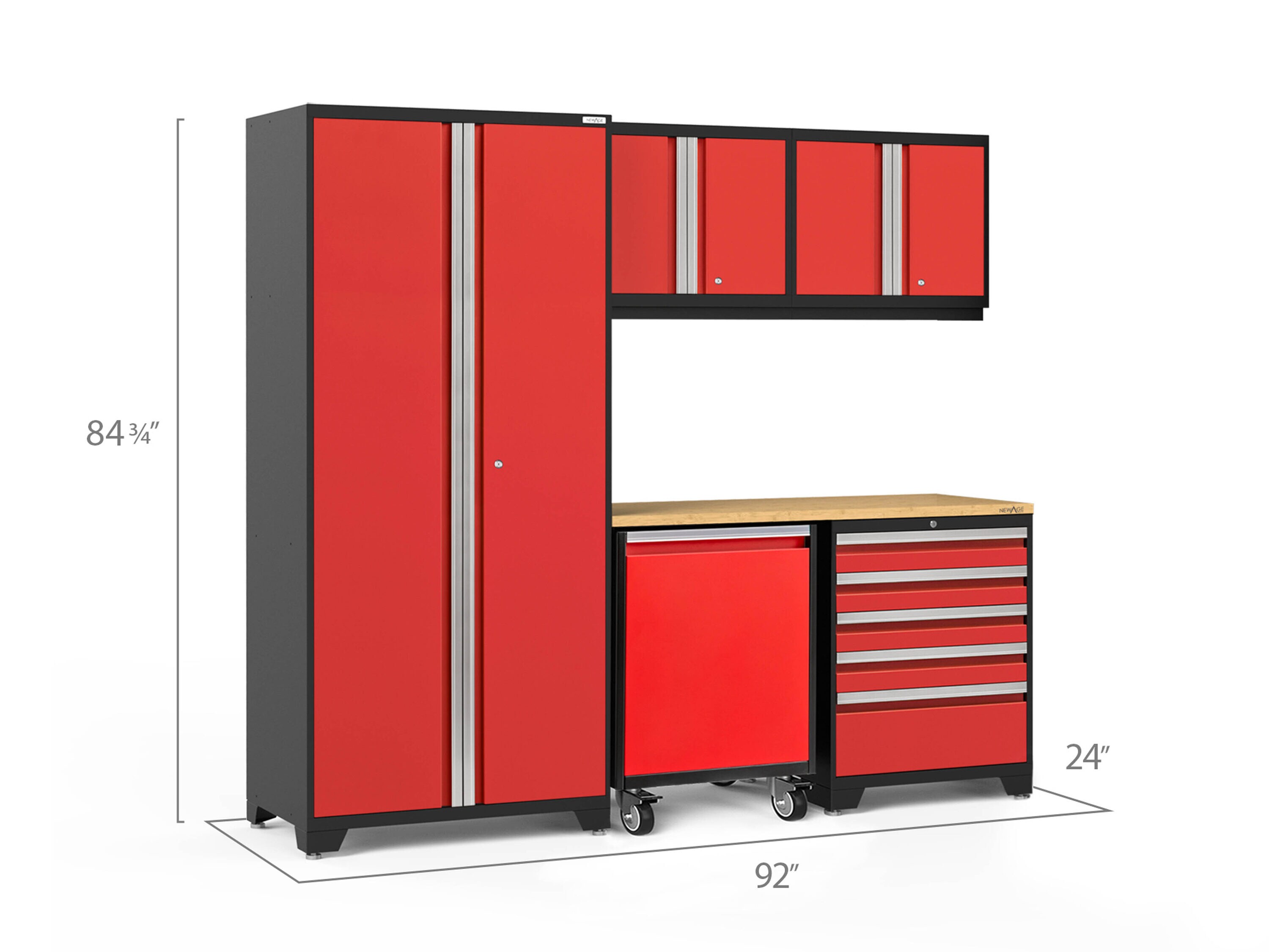Sistema de almacenamiento para garaje en acero color rojo profundo 5 gabinetes de NewAge Products de 92 pulgadas de ancho x 84.75 pulgadas de alto x 24 pulgadas de profundidad 55977