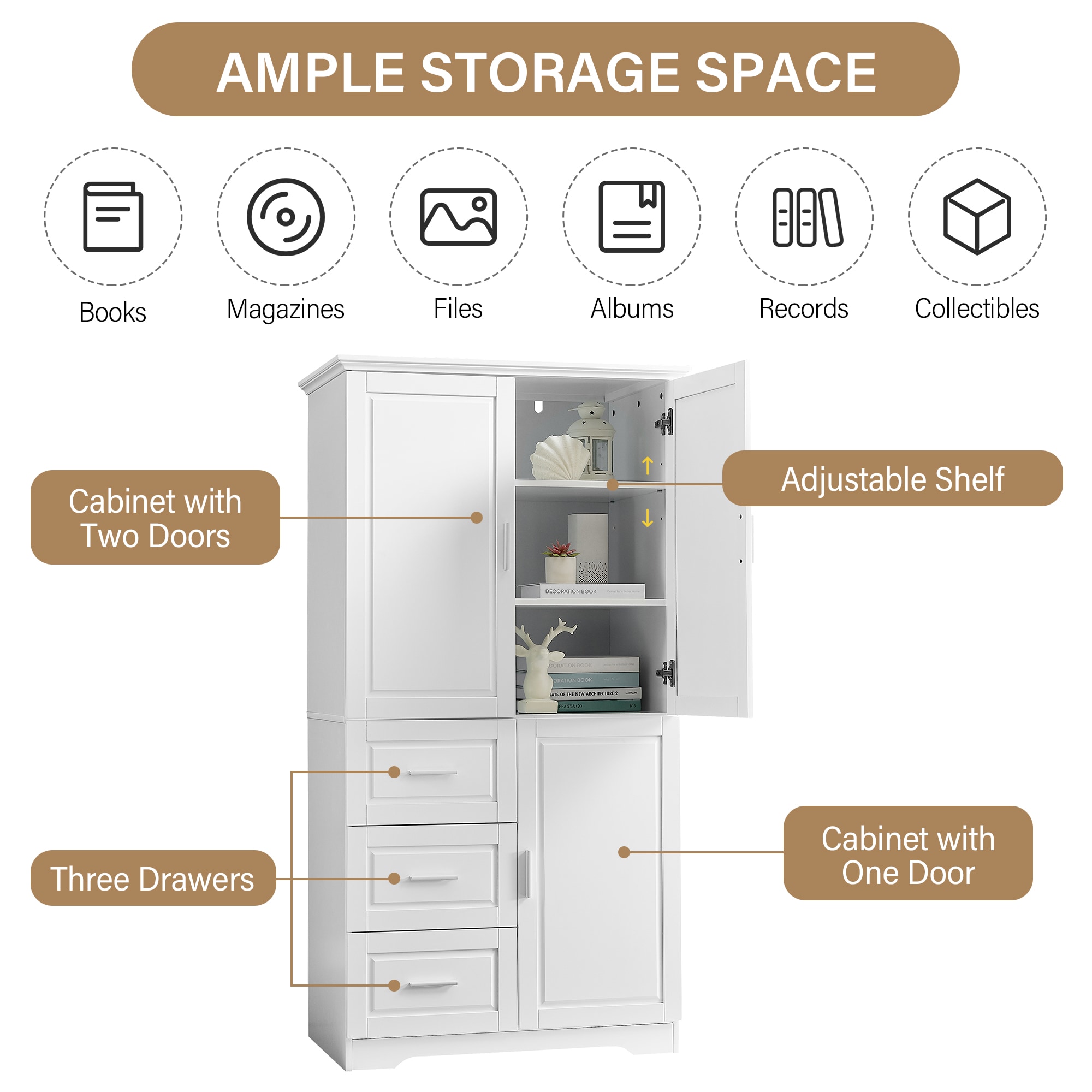 Gabinete de almacenamiento utilitario independiente o para montar en la pared de MDF blanco Siavonce 19.6 pulgadas de ancho x 62.2 pulgadas de alto FZ65921