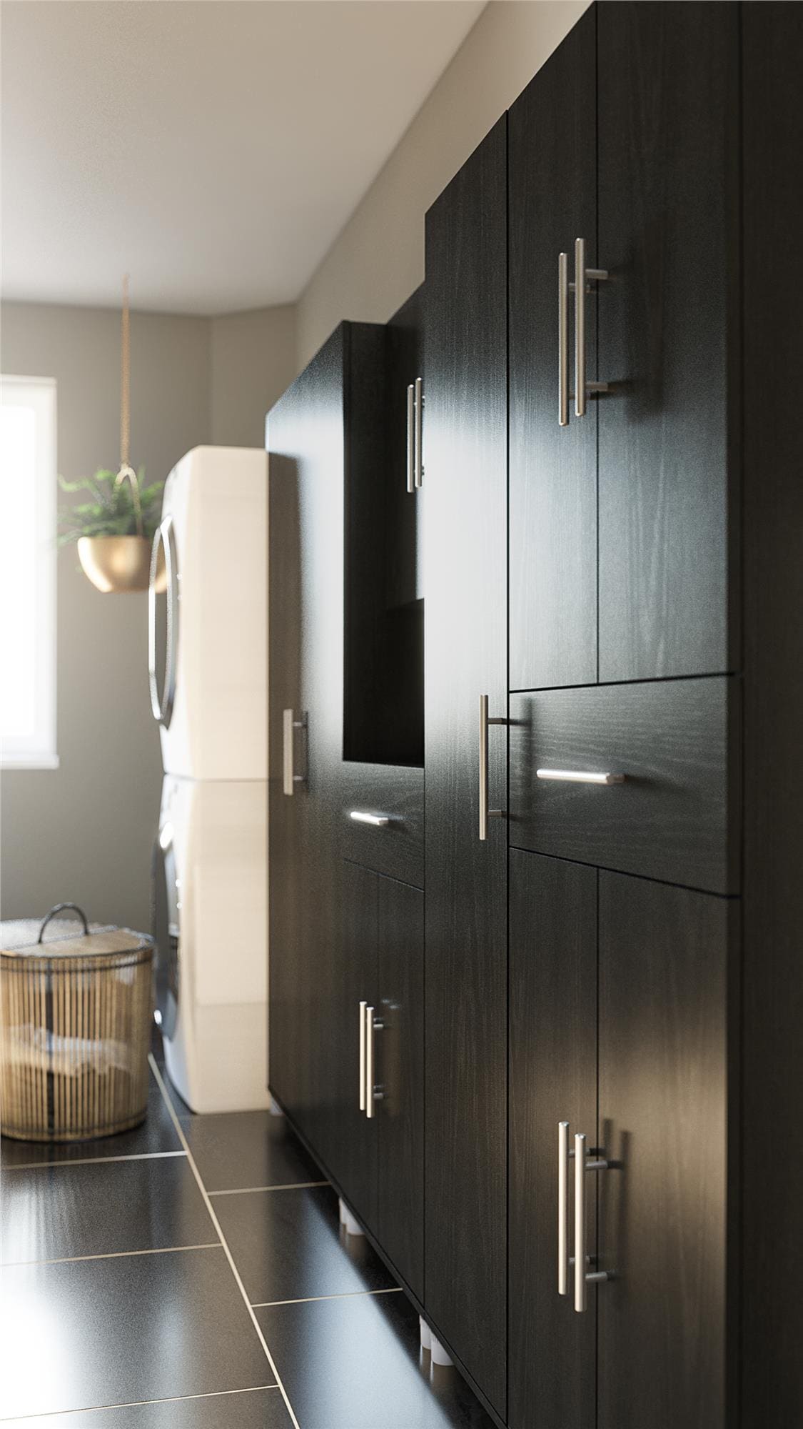 Gabinete de almacenamiento de utilidad independiente de madera compuesta de Roble Negro/Roble Nocturno Ameriwood Home Camberly 23.7 pulgadas de ancho x 74.3 pulgadas de alto 2579335COM