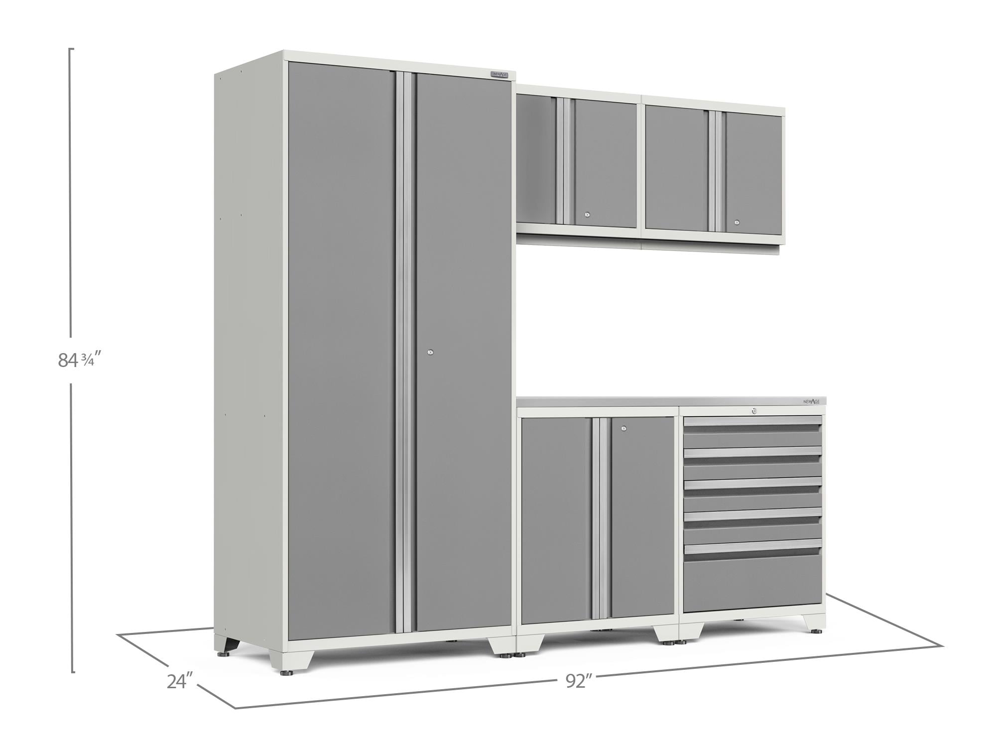 Sistema de almacenamiento para garaje de acero platinum de 5 gabinetes NewAge Products de 92.0 pulgadas de ancho x 84.75 pulgadas de alto x 24.0 pulgadas de profundidad 52558