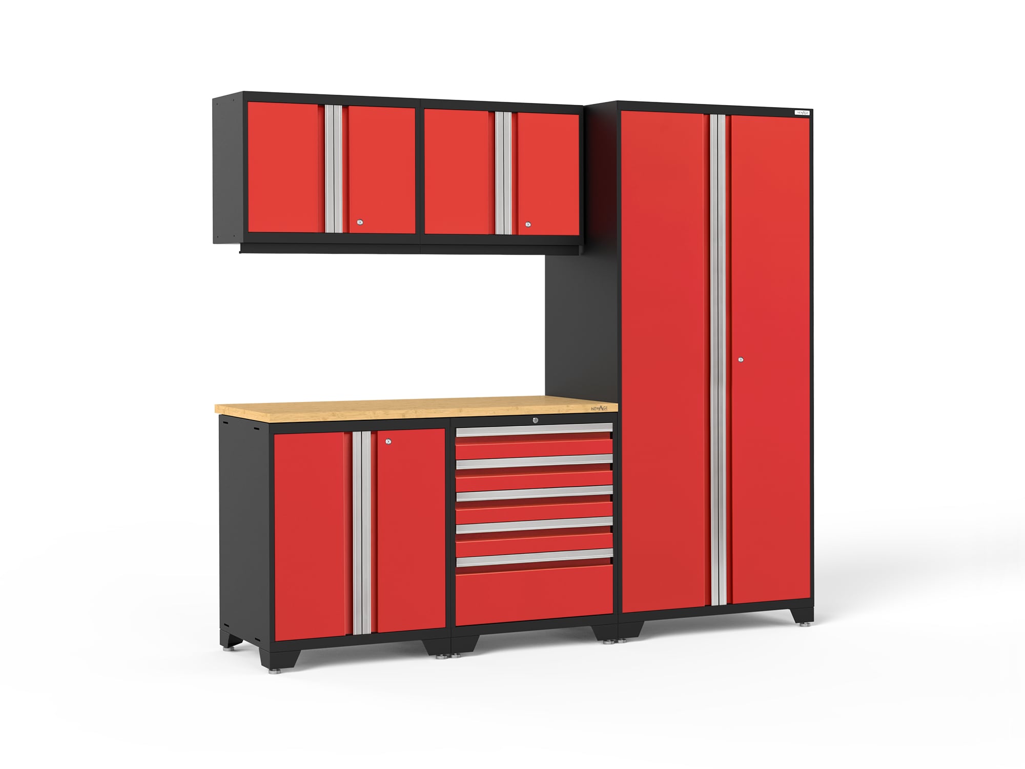 Sistema de almacenamiento para garaje 5 gabinetes de acero rojo profundo de NewAge Products de 92.0 pulgadas de ancho x 84.75 pulgadas de alto x 24.0 pulgadas de profundidad 52358
