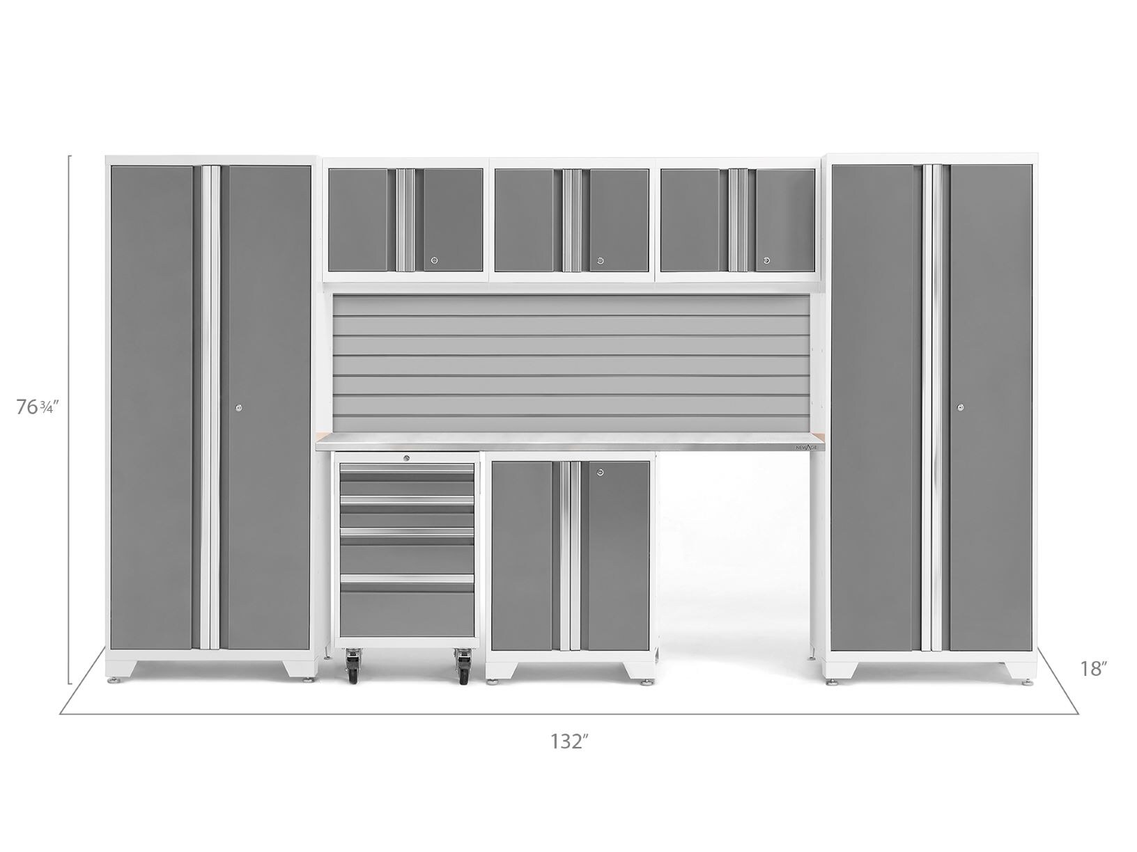 Sistema de almacenamiento para garaje en acero gris carbón con 7 gabinetes de NewAge Products de 132 pulgadas de ancho x 76.75 pulgadas de alto x 18 pulgadas de profundidad (50463)