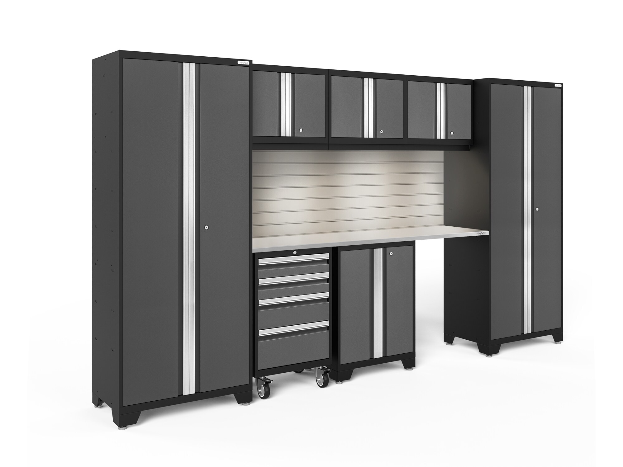 Sistema de almacenamiento para garaje en acero gris carbón con 7 gabinetes de NewAge Products de 132 pulgadas de ancho x 76.75 pulgadas de alto x 18 pulgadas de profundidad (50463)