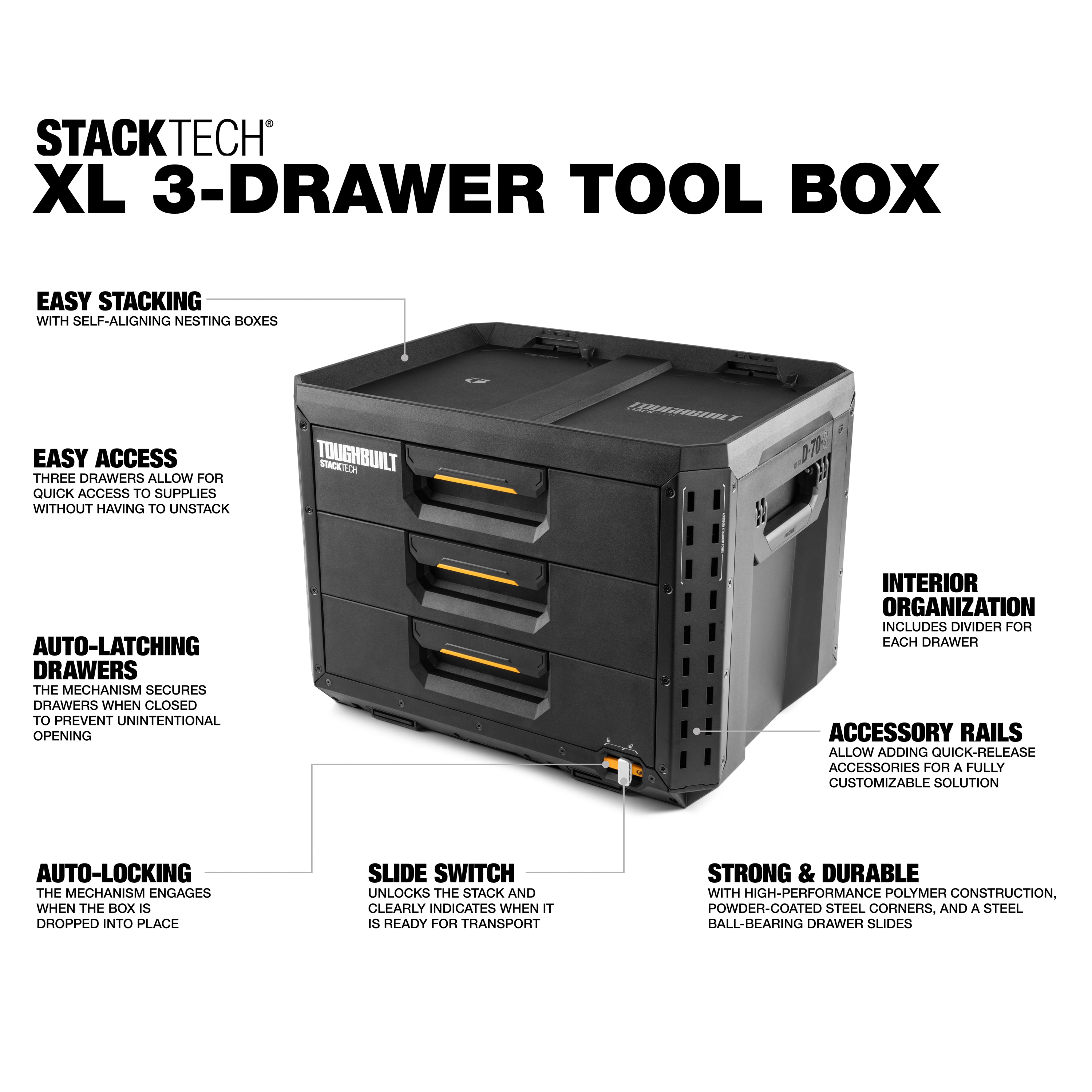Caja de herramientas de plástico y metal con 3 cajones TOUGHBUILT STACKTECH XL 21 pulgadas de ancho x 15.6 pulgadas de alto x 16 pulgadas de profundidad TB-B1-D-70-3.