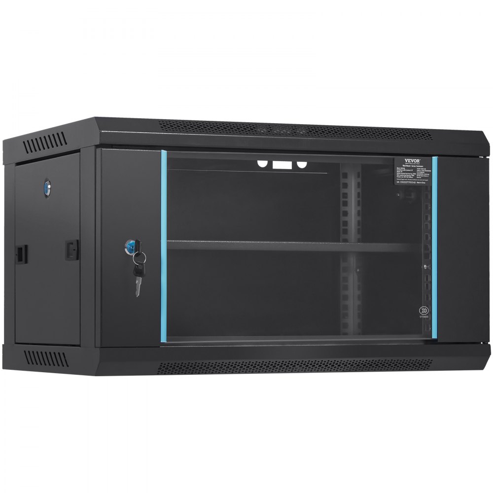 VEVOR 6U Wall Mount Network Server Cabinet, 15.5'' Deep, Server Rack Cabinet Enclosure, 200 lbs Max. Ground-mounted Load Capacity, with Locking Glass Door Side Panels, for IT Equipment, A/V Devices - WLJJGHBL6U1556GI7V0