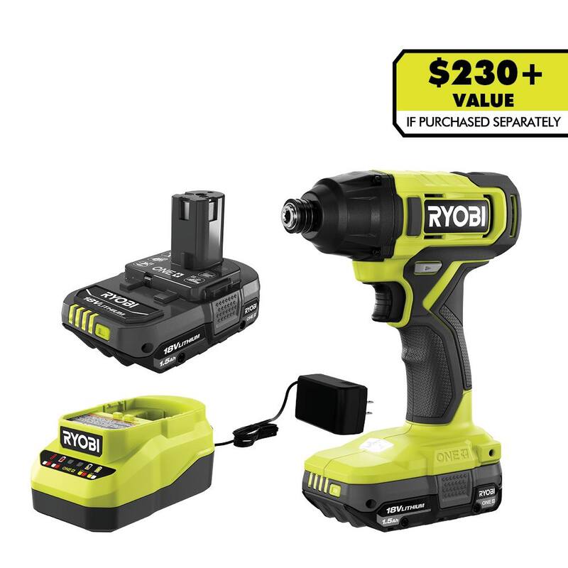 RYOBI ONE+ 18V Taladro/destornillador de impacto inalámbrico de 1/4 de pulgada con kit de baterías (2) 1.5 Ah y cargador - PCL235K2