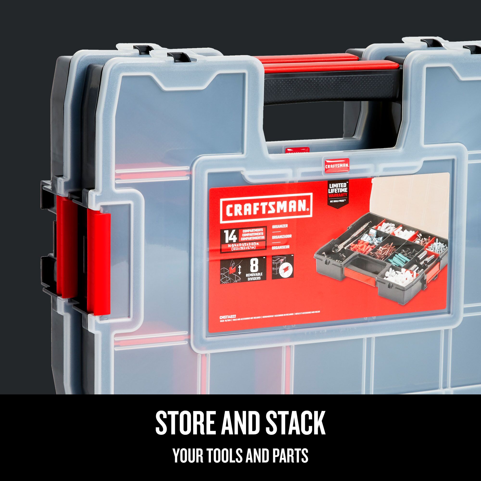 Organizador de piezas pequeñas de plástico mediano de 14 compartimentos en paquete de 2 de CRAFTSMAN CMST60944M